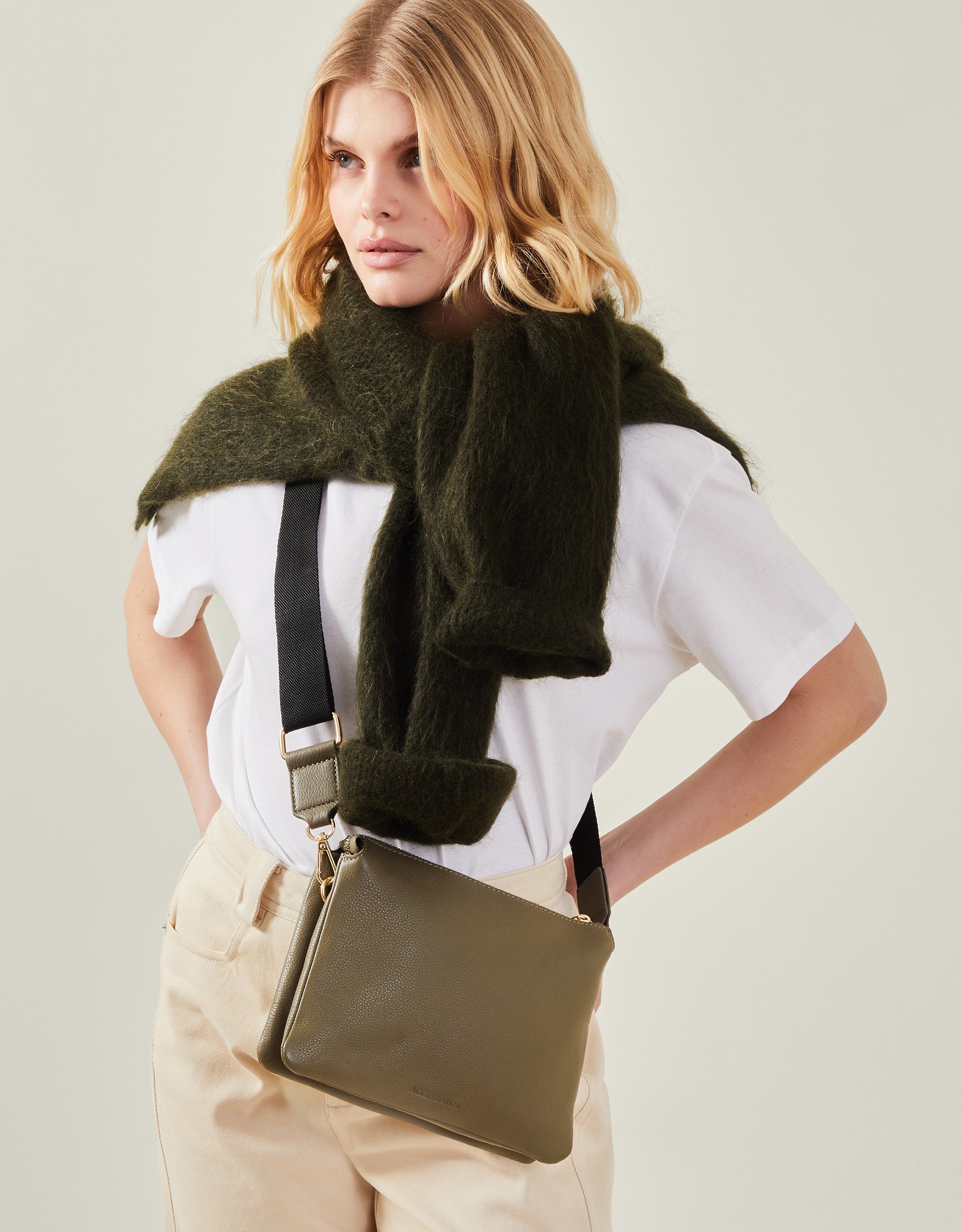 Khaki Double Pouch Leather Cross-body Bag - Accessorize