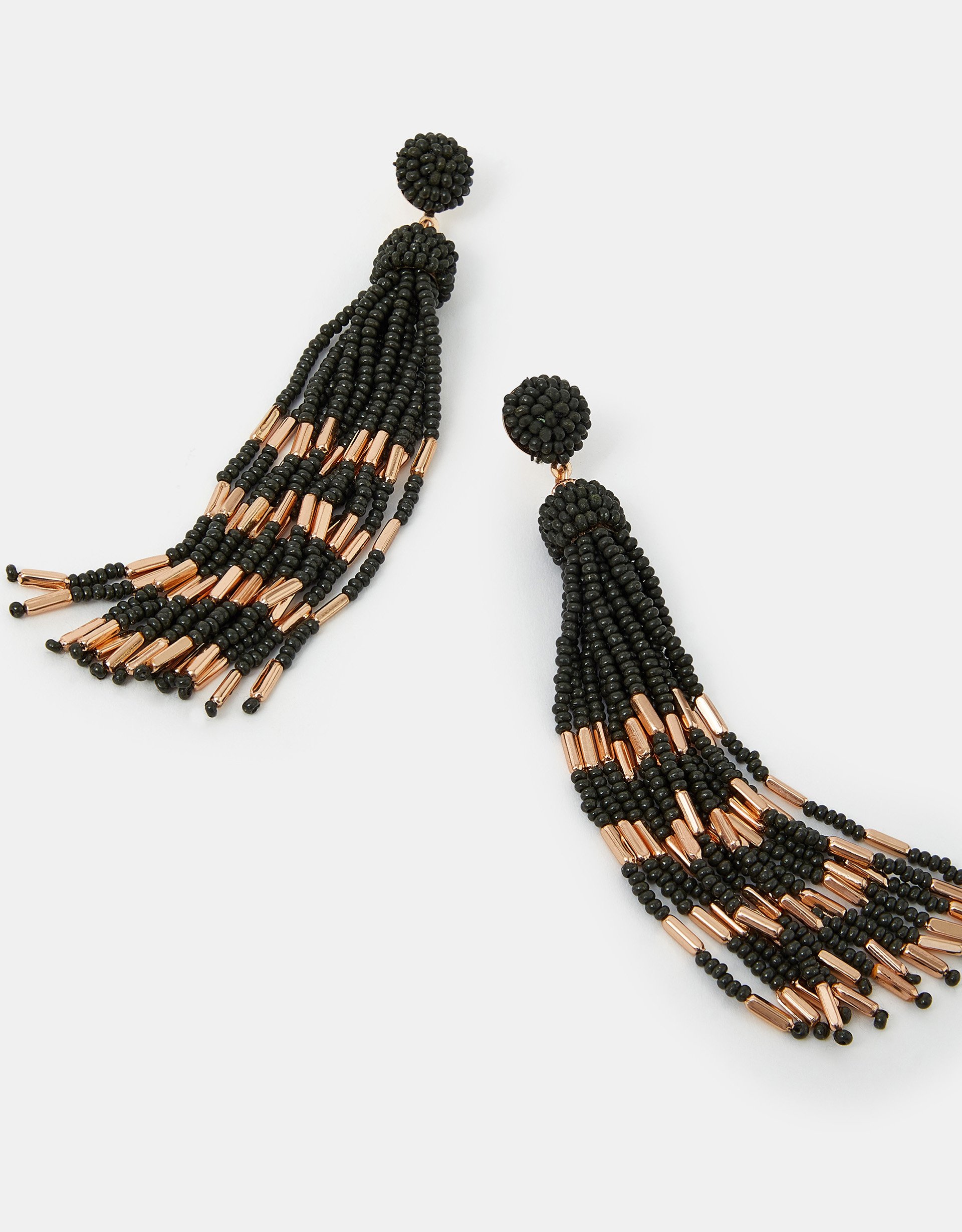 Dark Green Beaded Tassel Drop Earrings - Accessorize