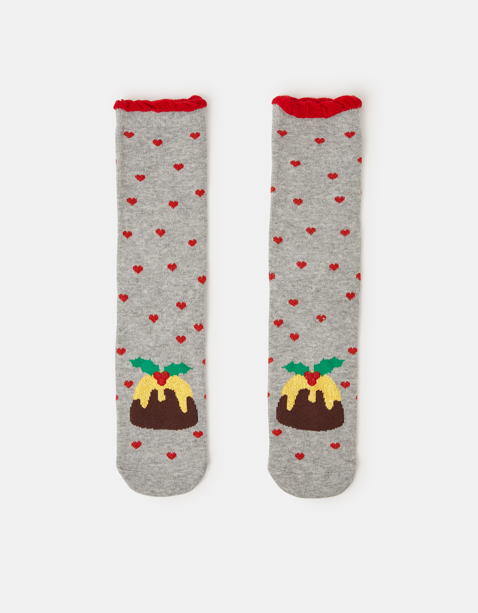 Grey & Red Heart Print Cotton Christmas Pudding Socks, Size: 17x8cm, Women's - Accessorize