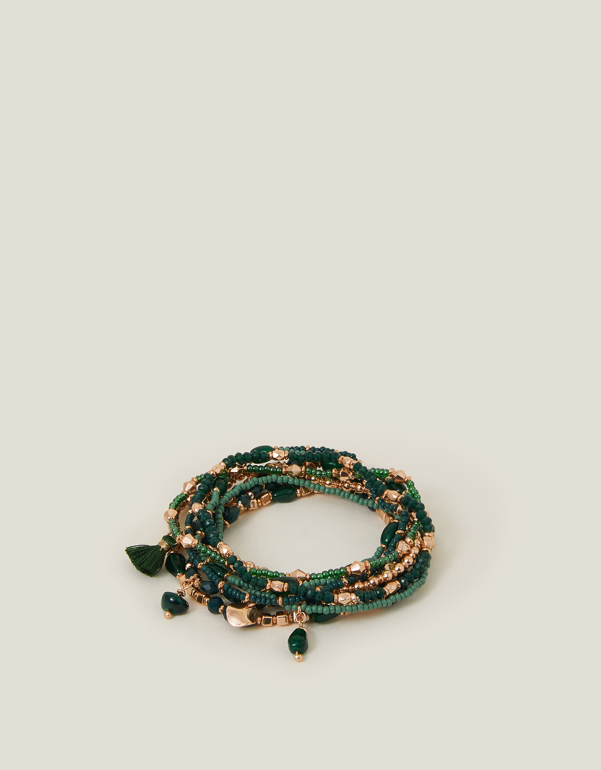 Green & Gold Glass Beaded Stretch Bracelets Multipack, Size: 18cm, Women's - Accessorize
