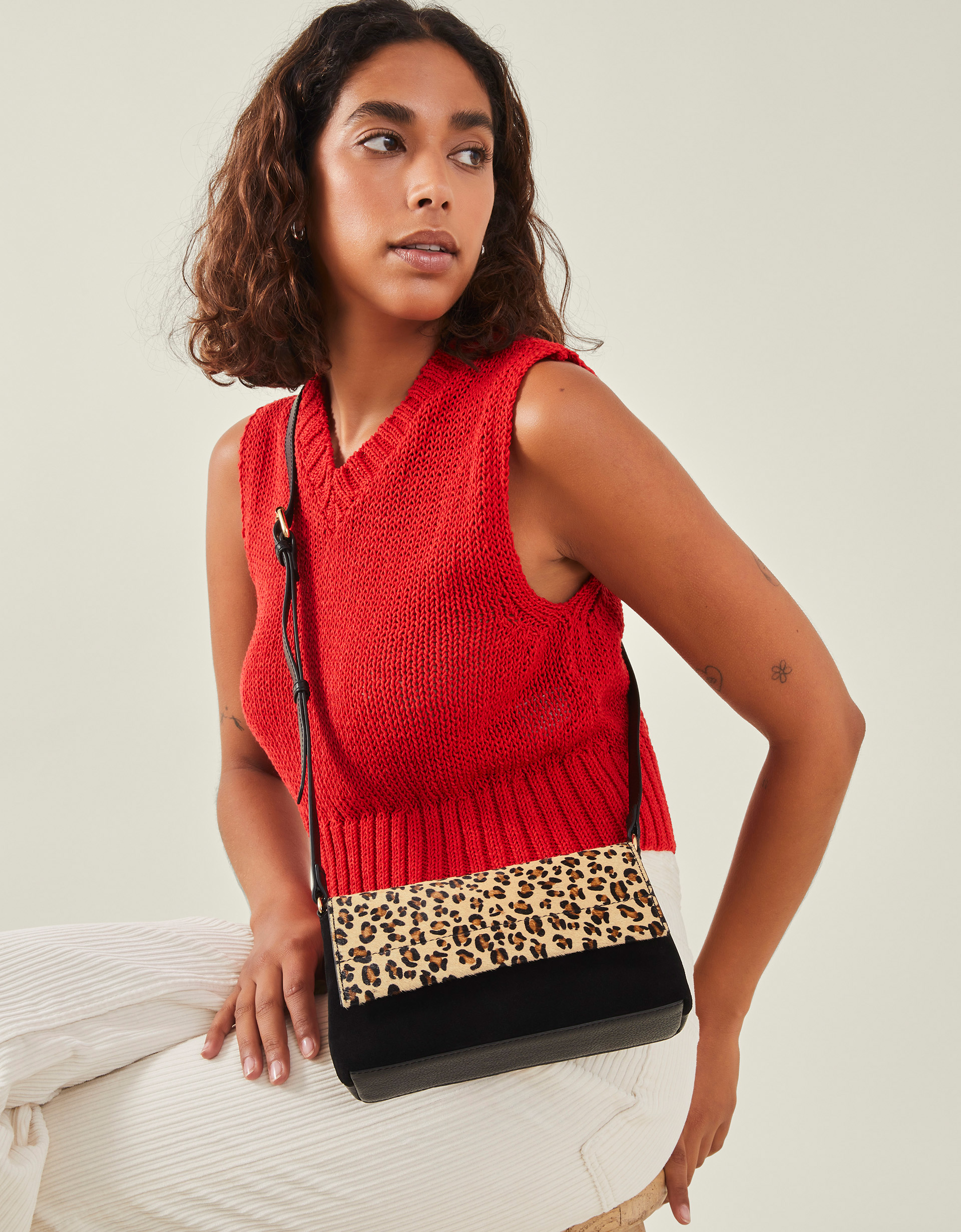 Black/brown Small Leopard Print Leather Cross-body Bag, Size: 14x19cm, Women's - Accessorize