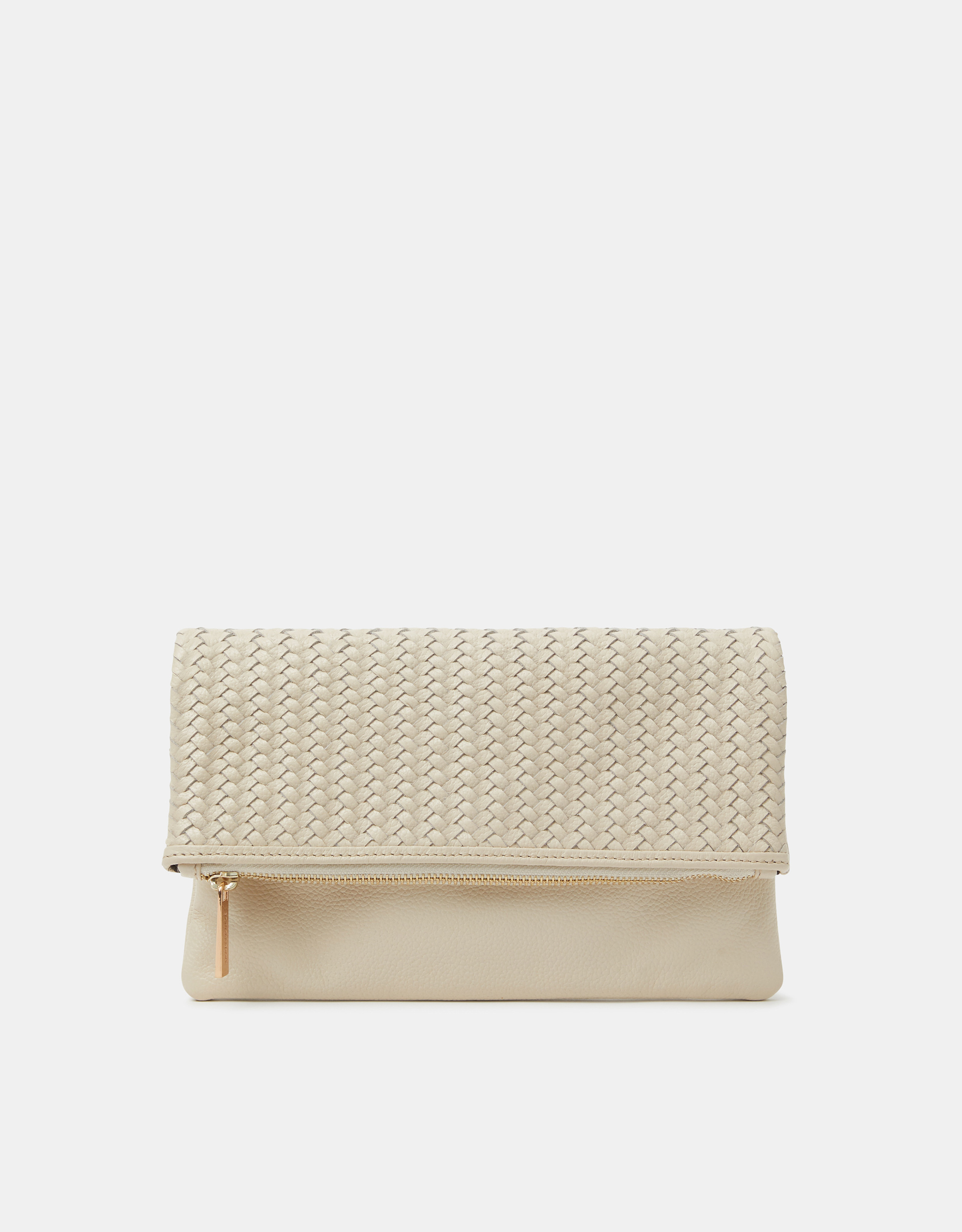 Cream Woven Leather Clutch Bag