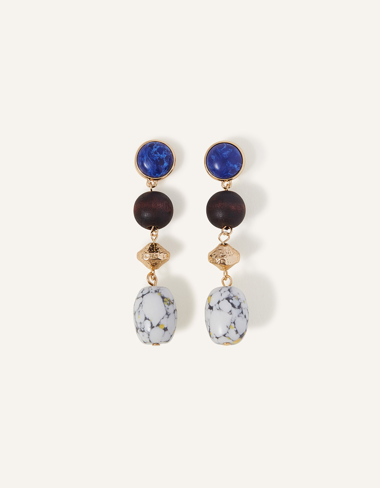 Accessorize Women's Gold, Blue and Brown Stone Mixed Bead Wooden Earrings, Size: 6cm