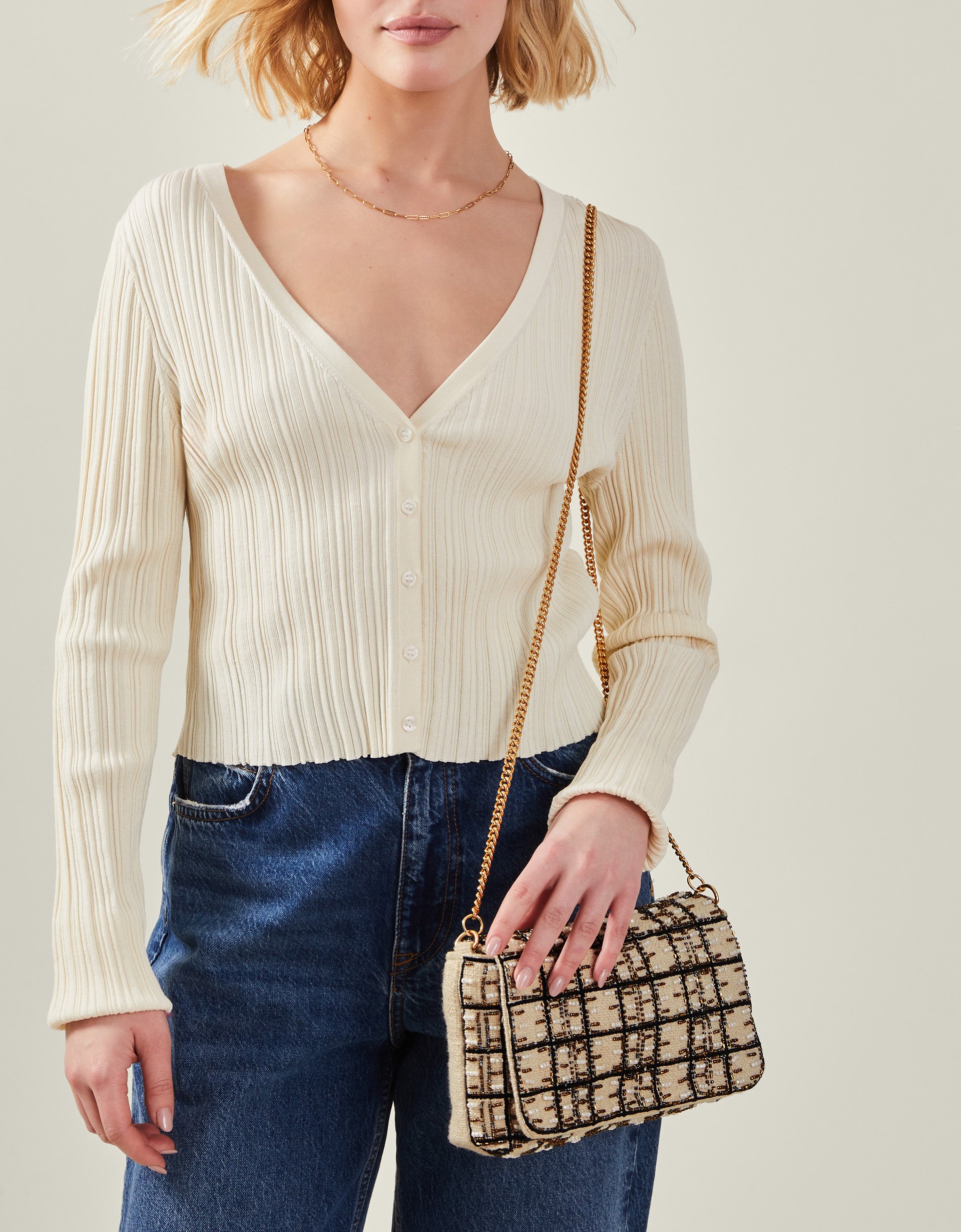 Woven Embellished Clutch Bag Cream - Accessorize