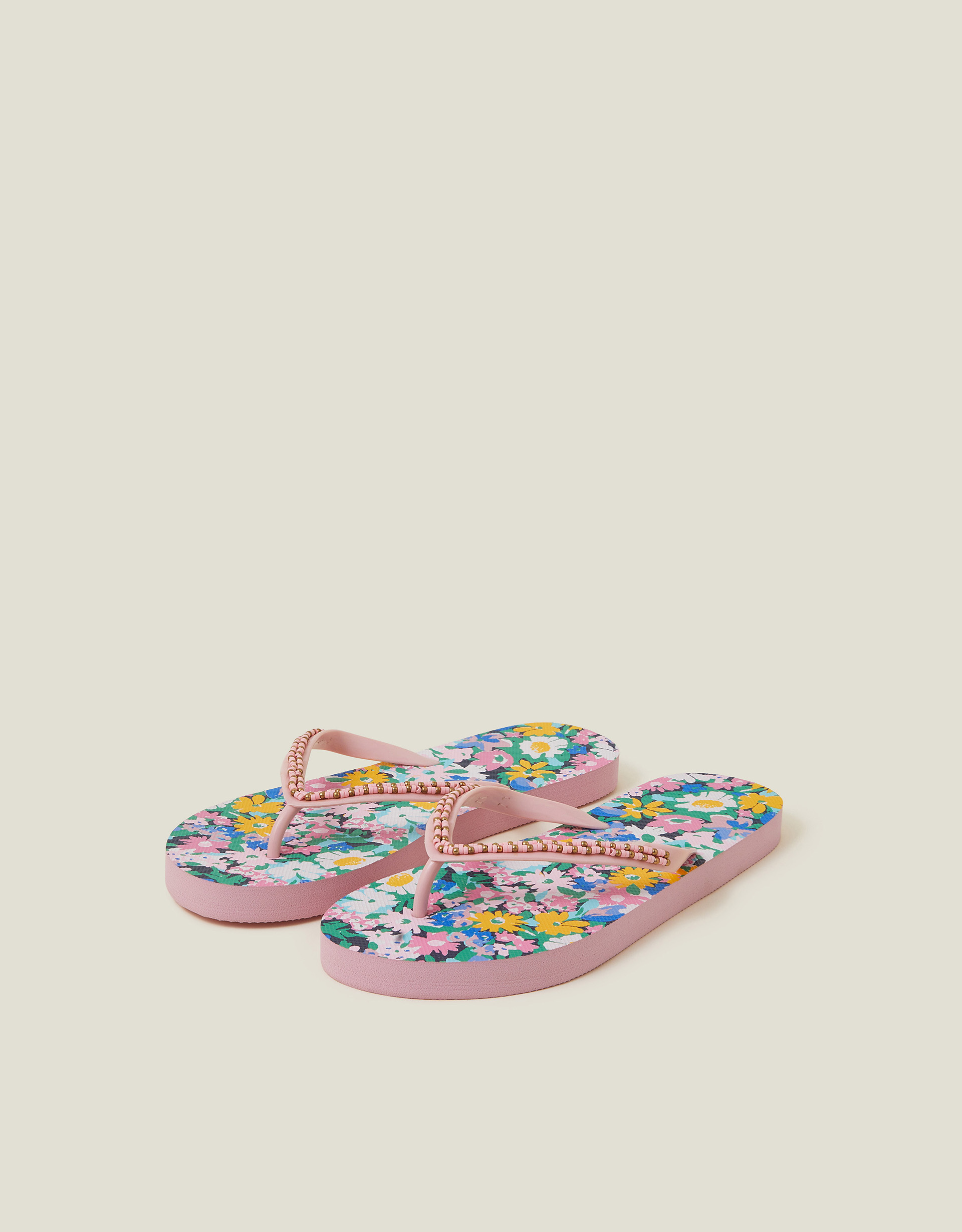 Pink And Green Floral Print Beaded Multi Flip Flops, Size: S, Women's - Accessorize