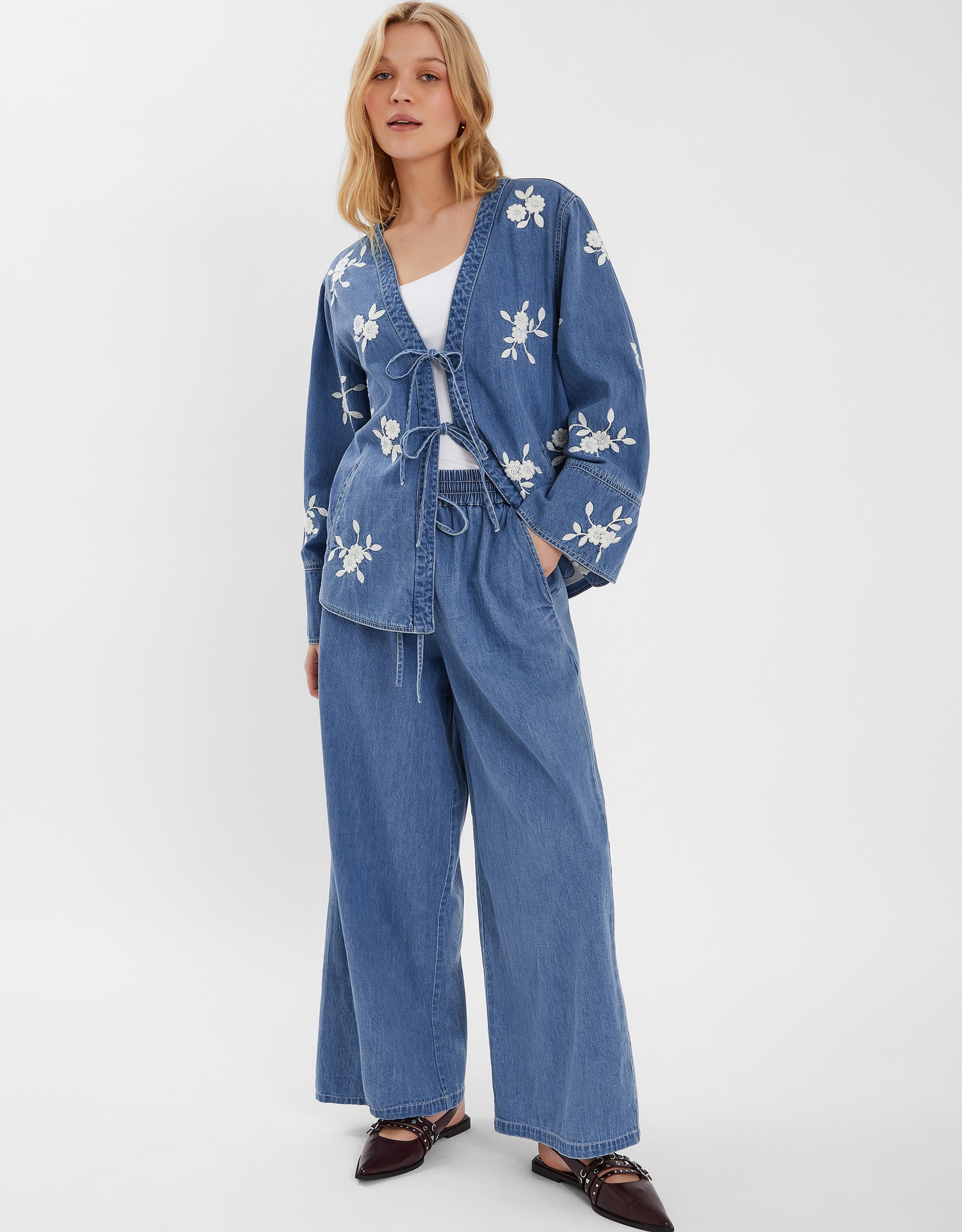 Floral Embroidered Chambray Tie Jacket Blue, Size: M - Accessorize