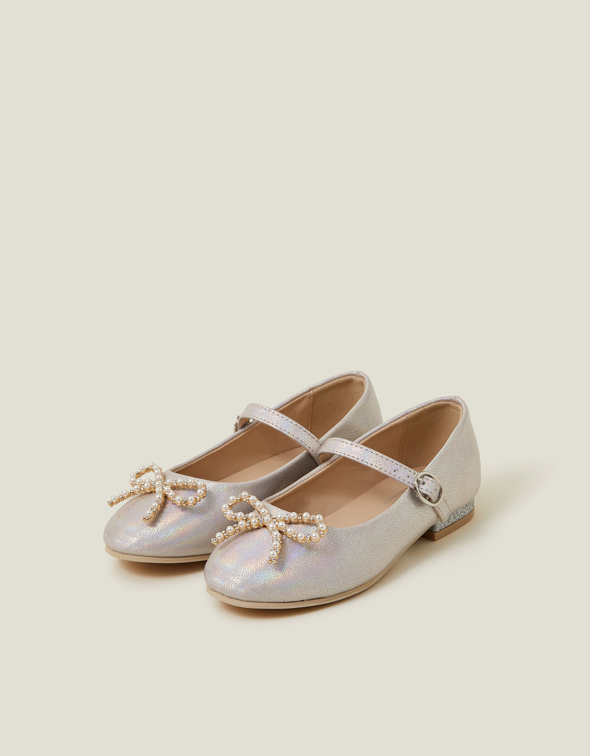 Cream Pearly Bow Iridescent Ballet Flats, Size: 10, Girl's - Accessorize Kids Beige