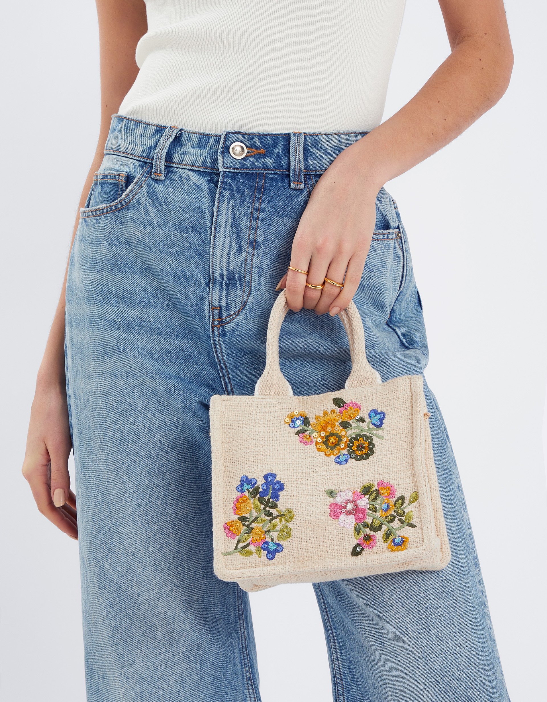 Mini Floral Embroidered Woven Handbag Cream - Accessorize