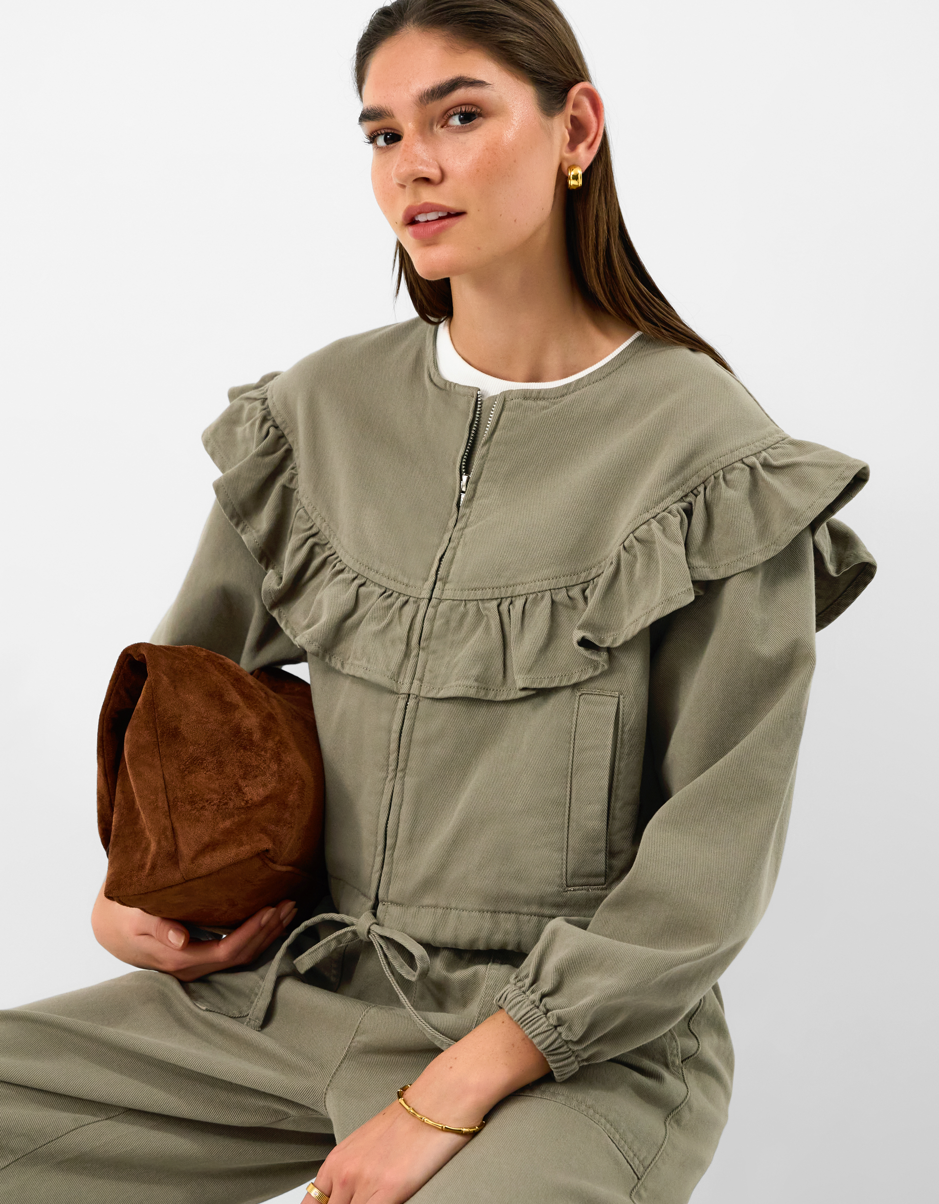 Ruffle Denim Jacket Green, Size: