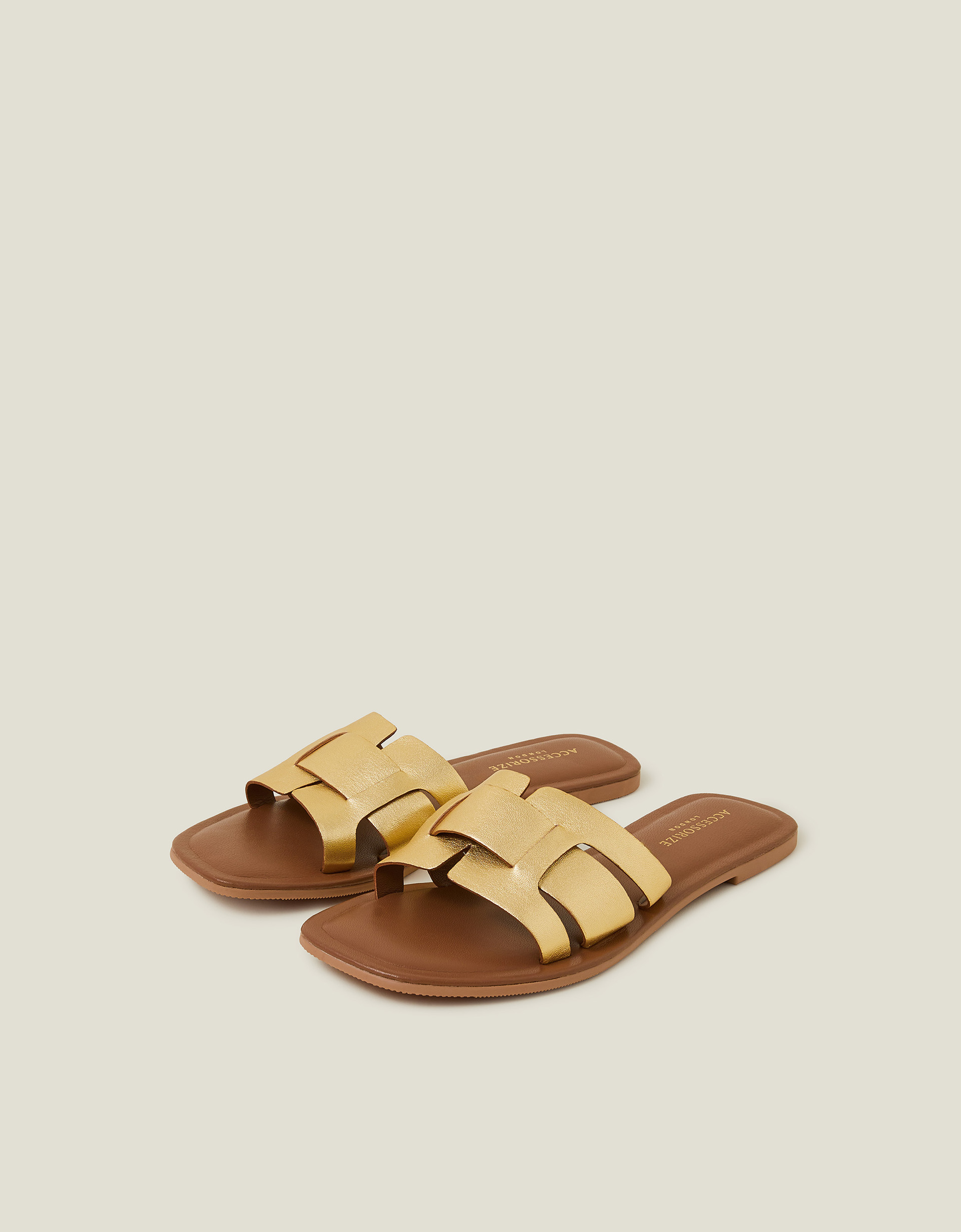 Metallic Leather Cut-out Slide Sandals Gold, Size: 38 - Accessorize