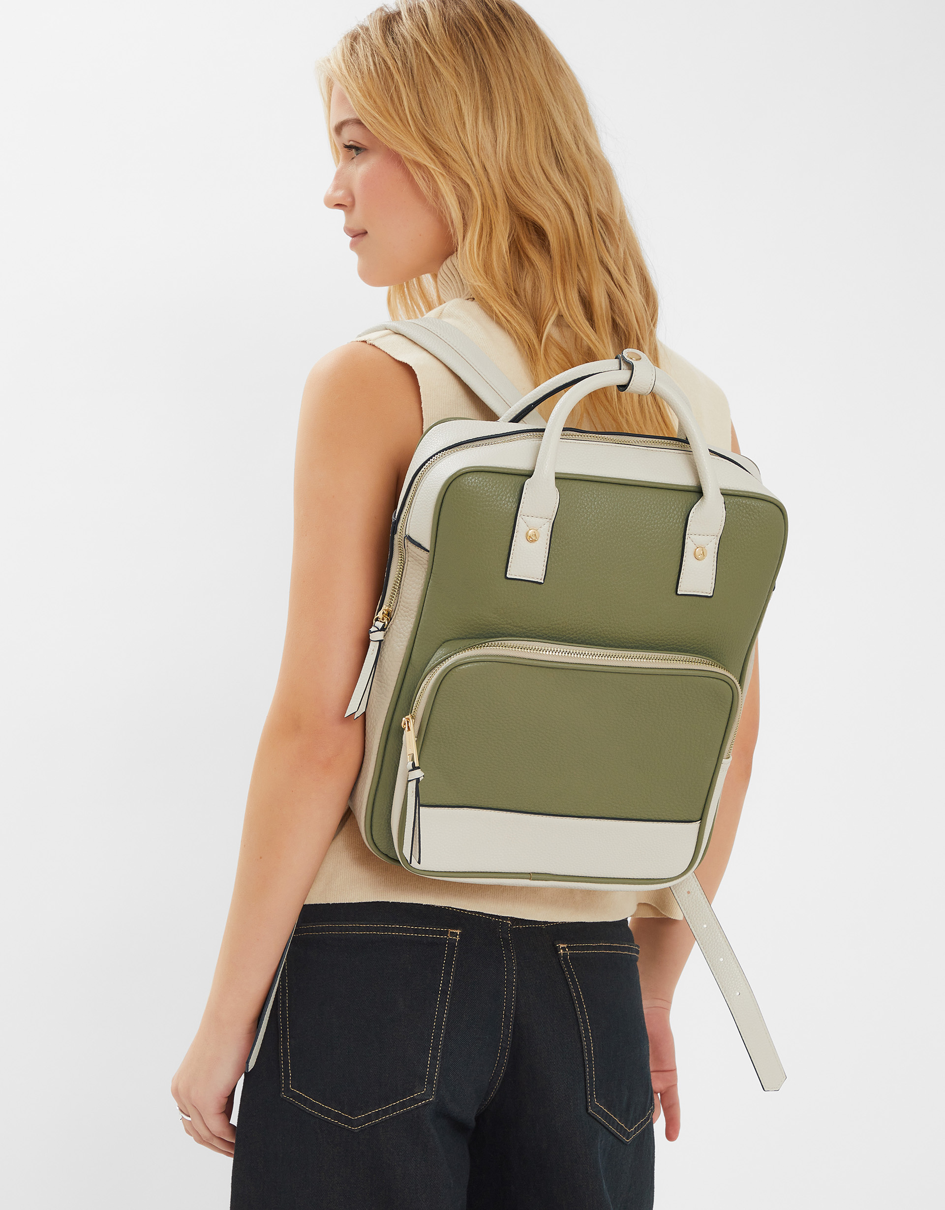 Green & Cream Two-tone Top Handle Faux Leather Backpack, Size: 29x8x35cm, Women's - Accessorize