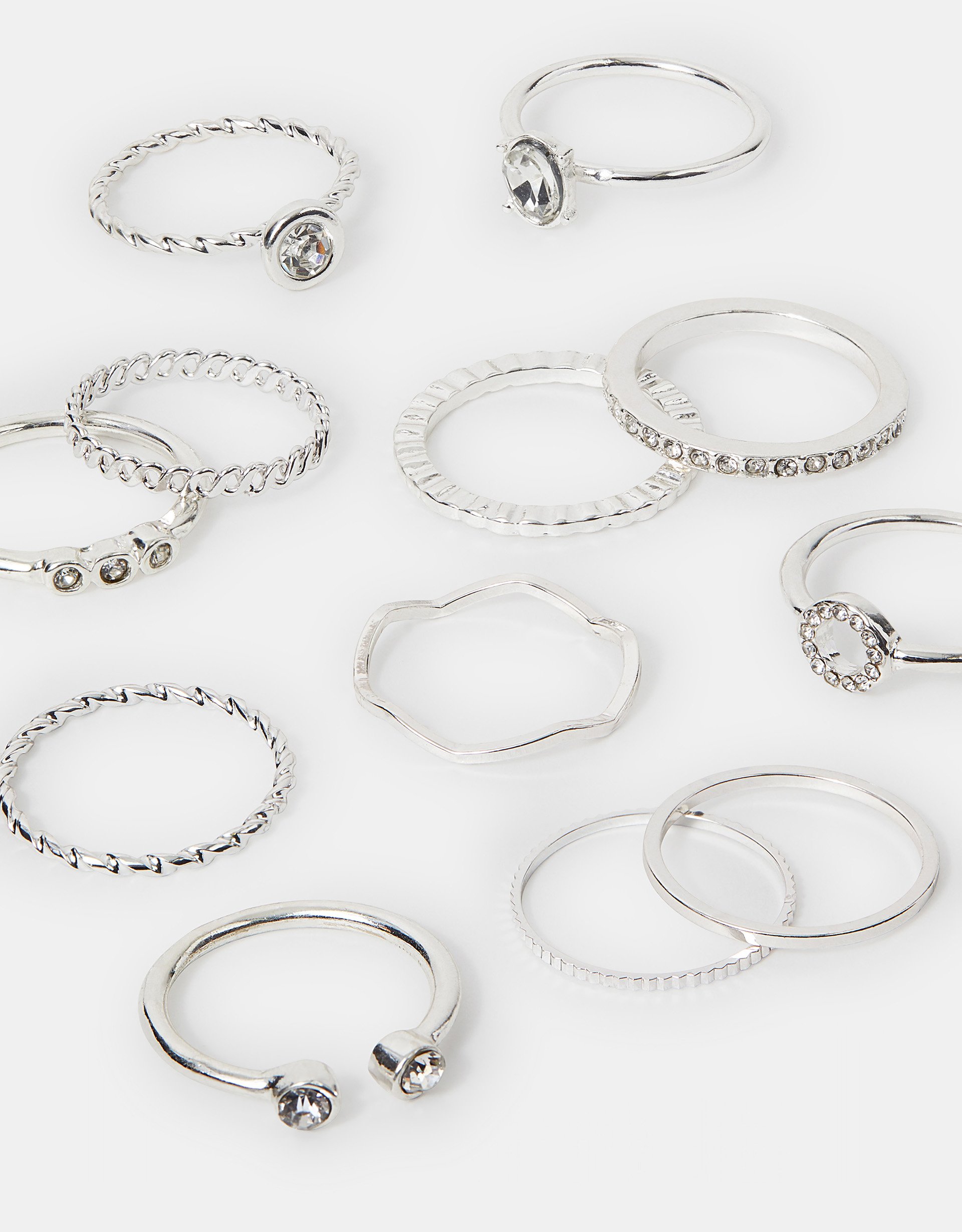 12-Pack Mix Crystal Rings Silver, Size: M - Accessorize