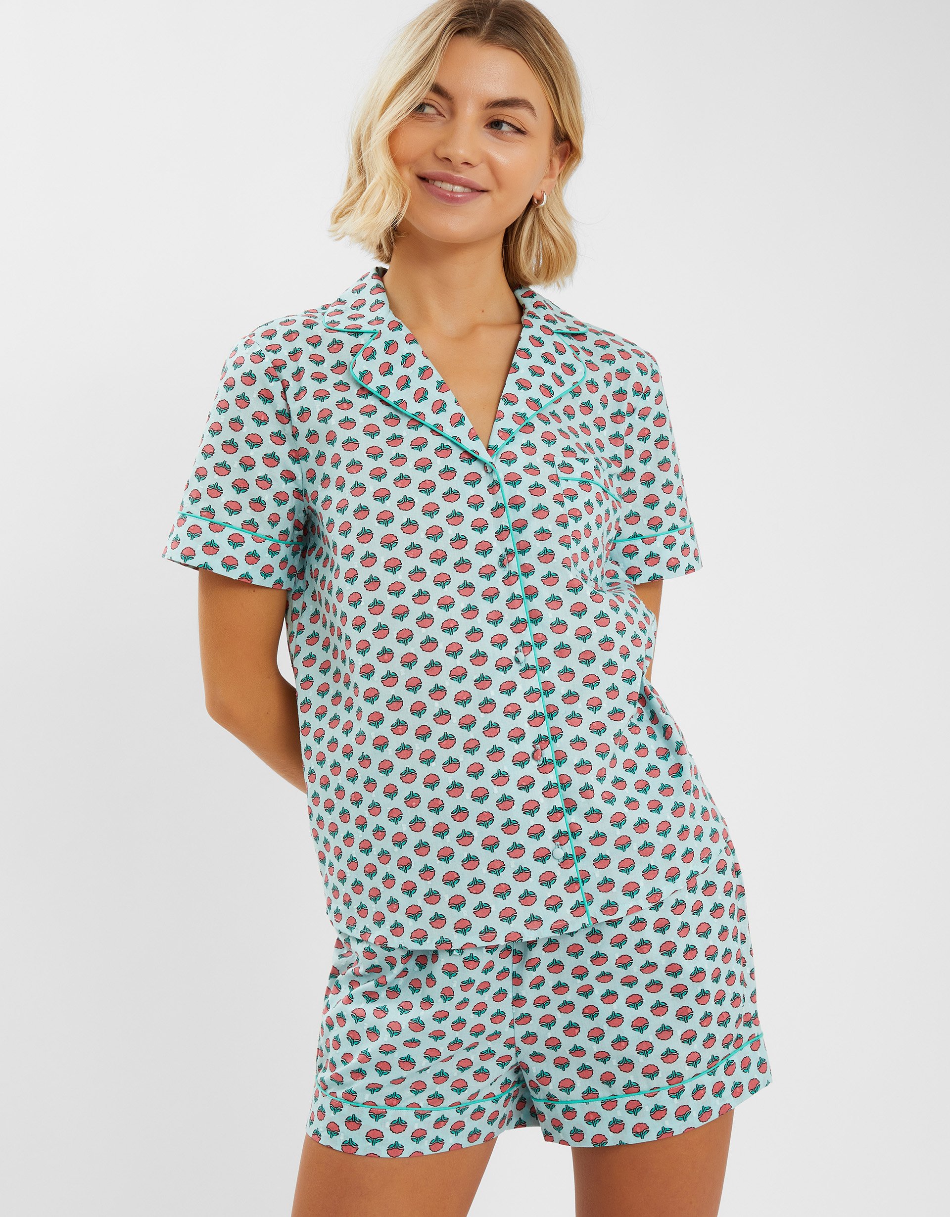 Blue & Pink Floral Print Cotton Short Pyjamas Set, Size: L, Women's - Accessorize