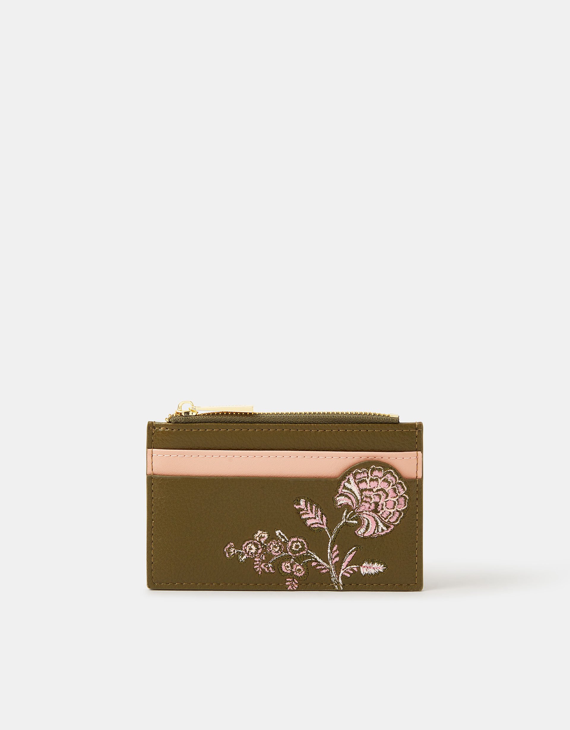 Accessorize Faux Leather Embroidered Floral Card Holder, Khaki