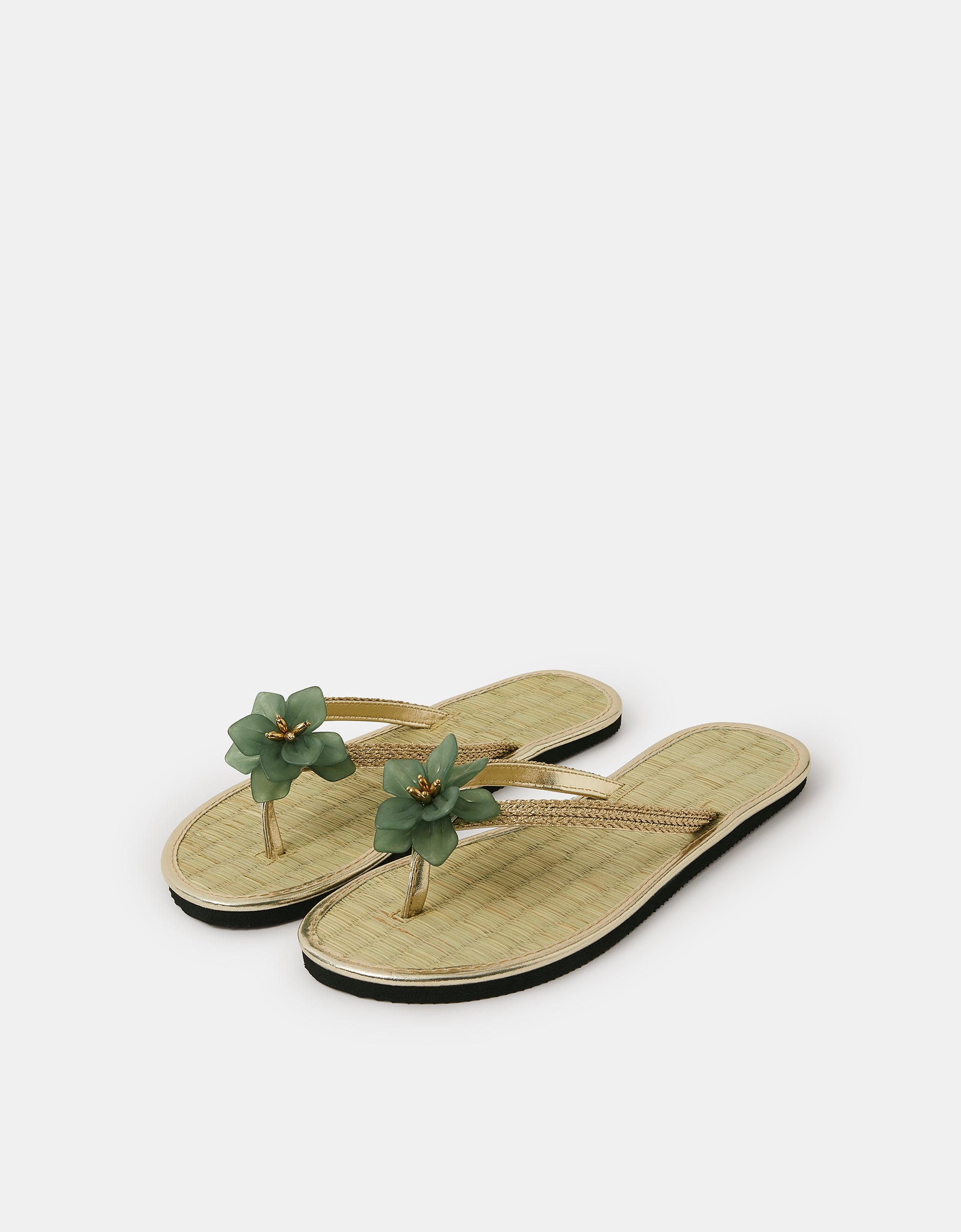 Accessorize Flower Metallic Seagrass Flip Flops, Green, Size: L