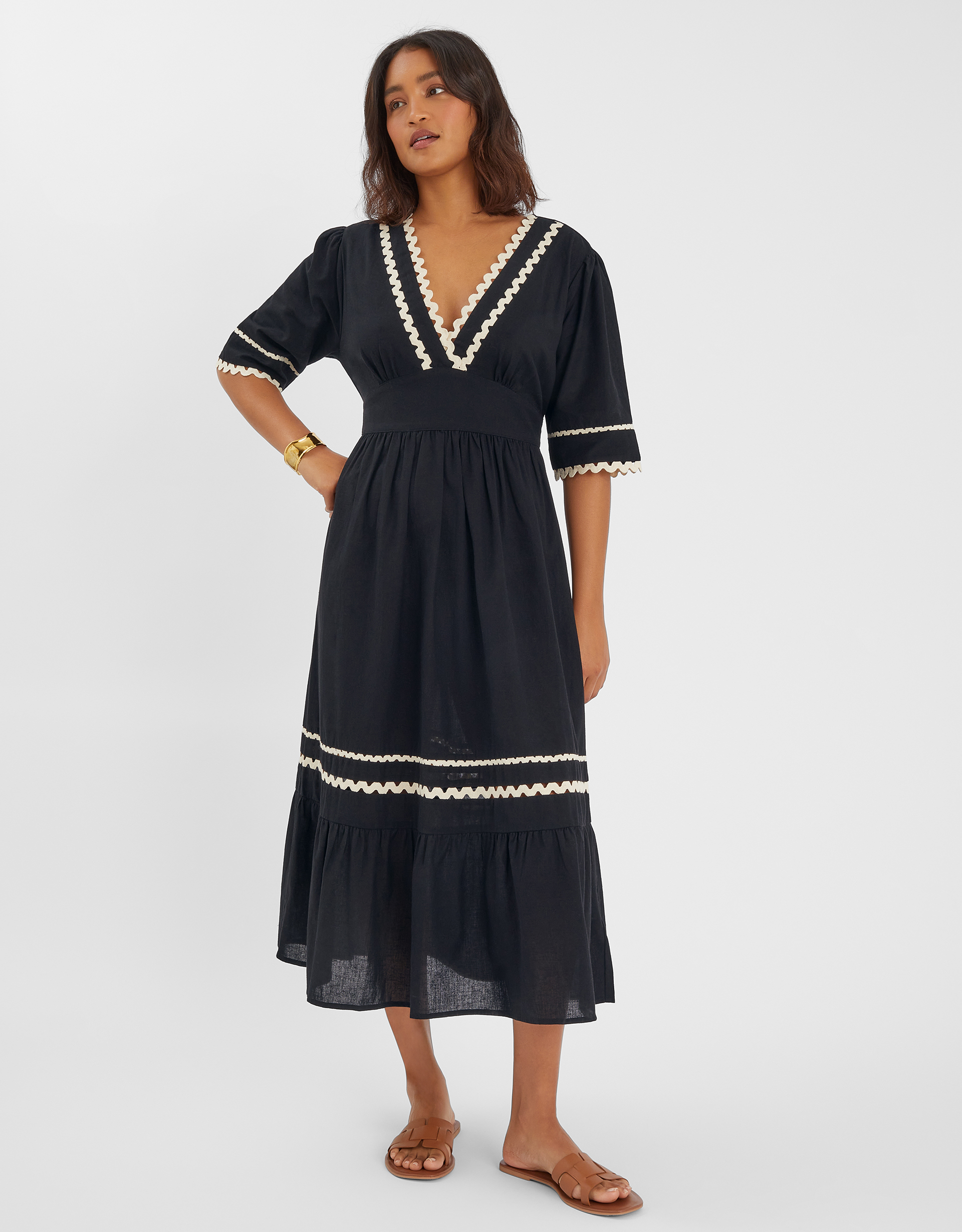 V-neck Ric Rac Midi Dress Black, Size: S - Accessorize