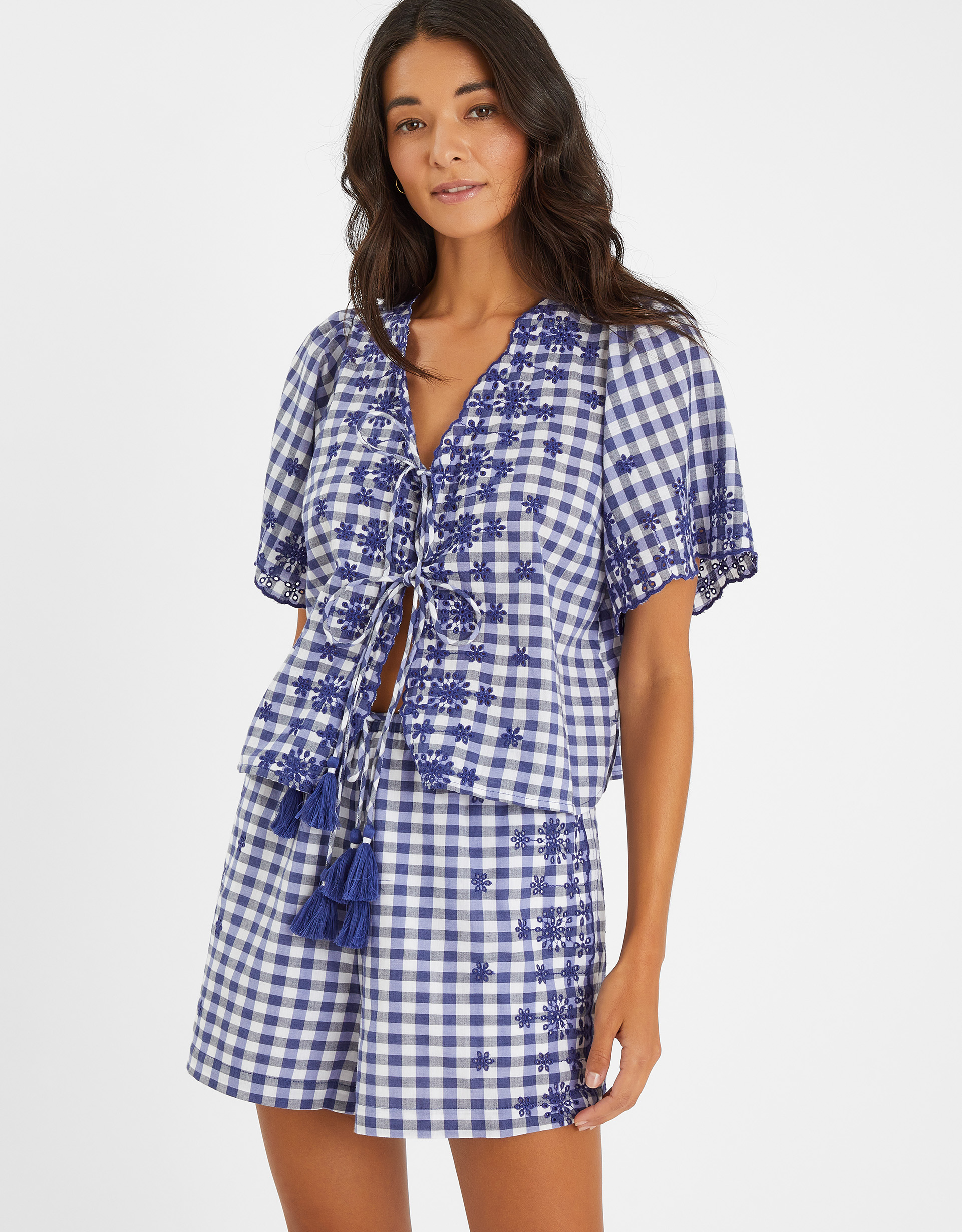 Gingham Embroidered Shorts Blue, Size: L - Accessorize