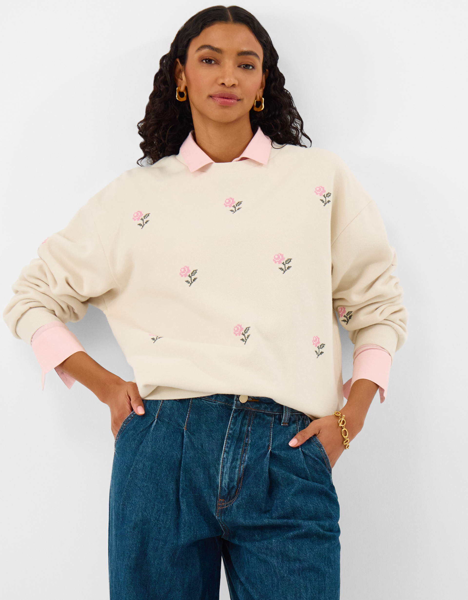 Cream/pink Floral Embroidered Jumper Ivory, Size: M, Women's