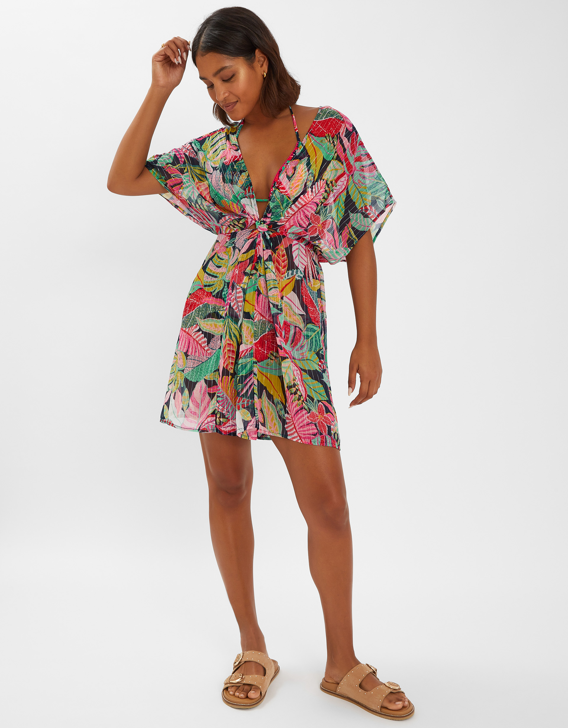 Tropical Print Chiffon Kaftan Black, Size: S - Accessorize