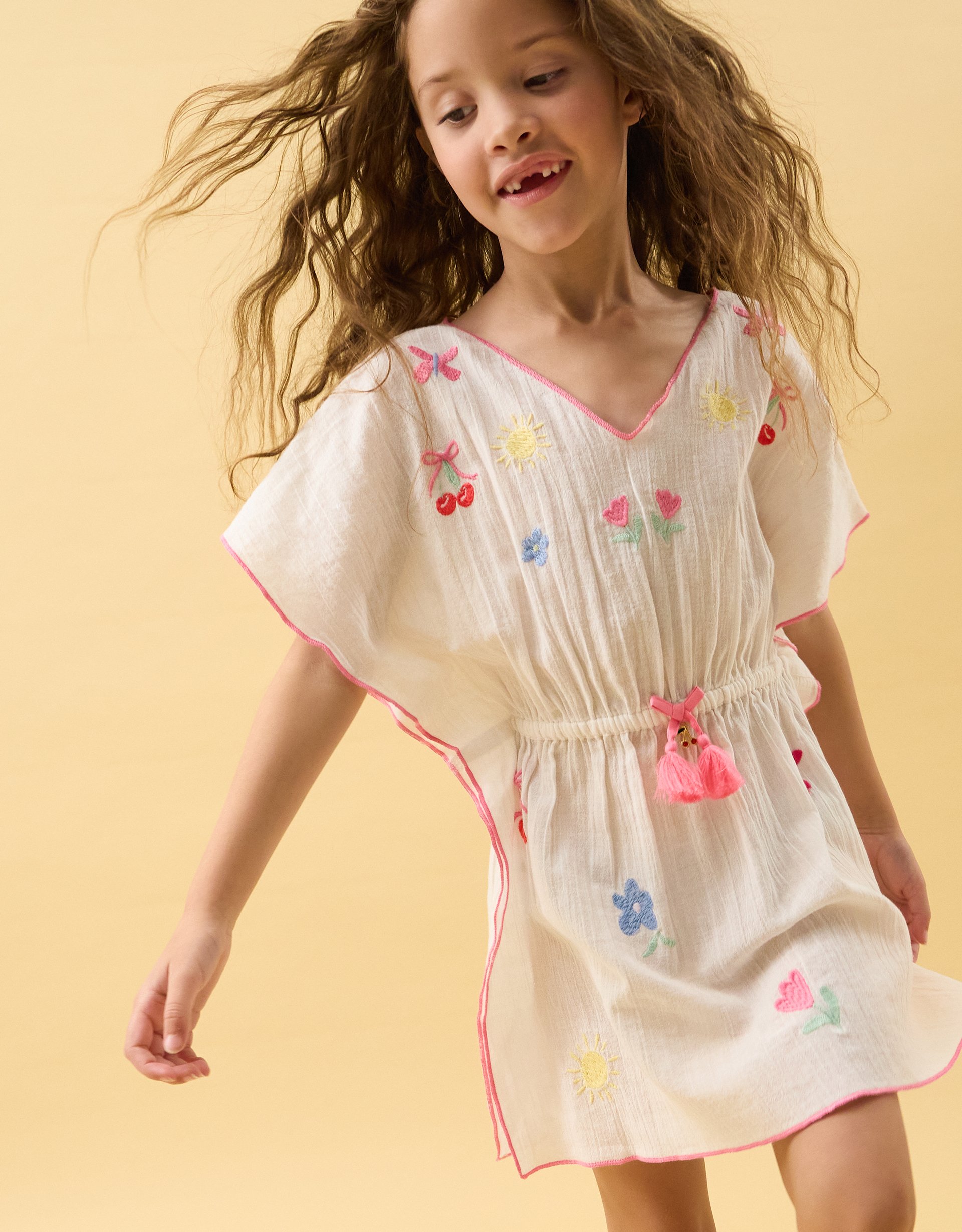 White & Pink Cherry Embroidered Cotton Kaftan, Size: 3-4 Years, Girls - Accessorize