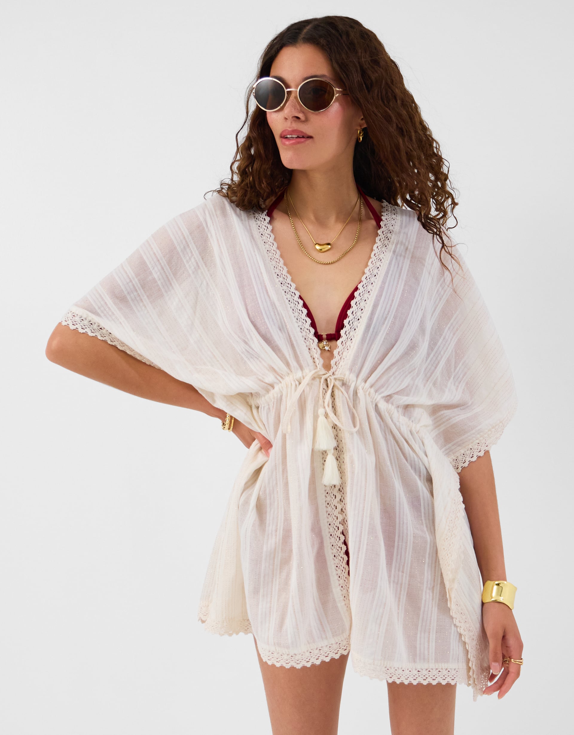 Accessorize Cotton Shimmer Lace Mini Kaftan Ivory, Cream, Size: M