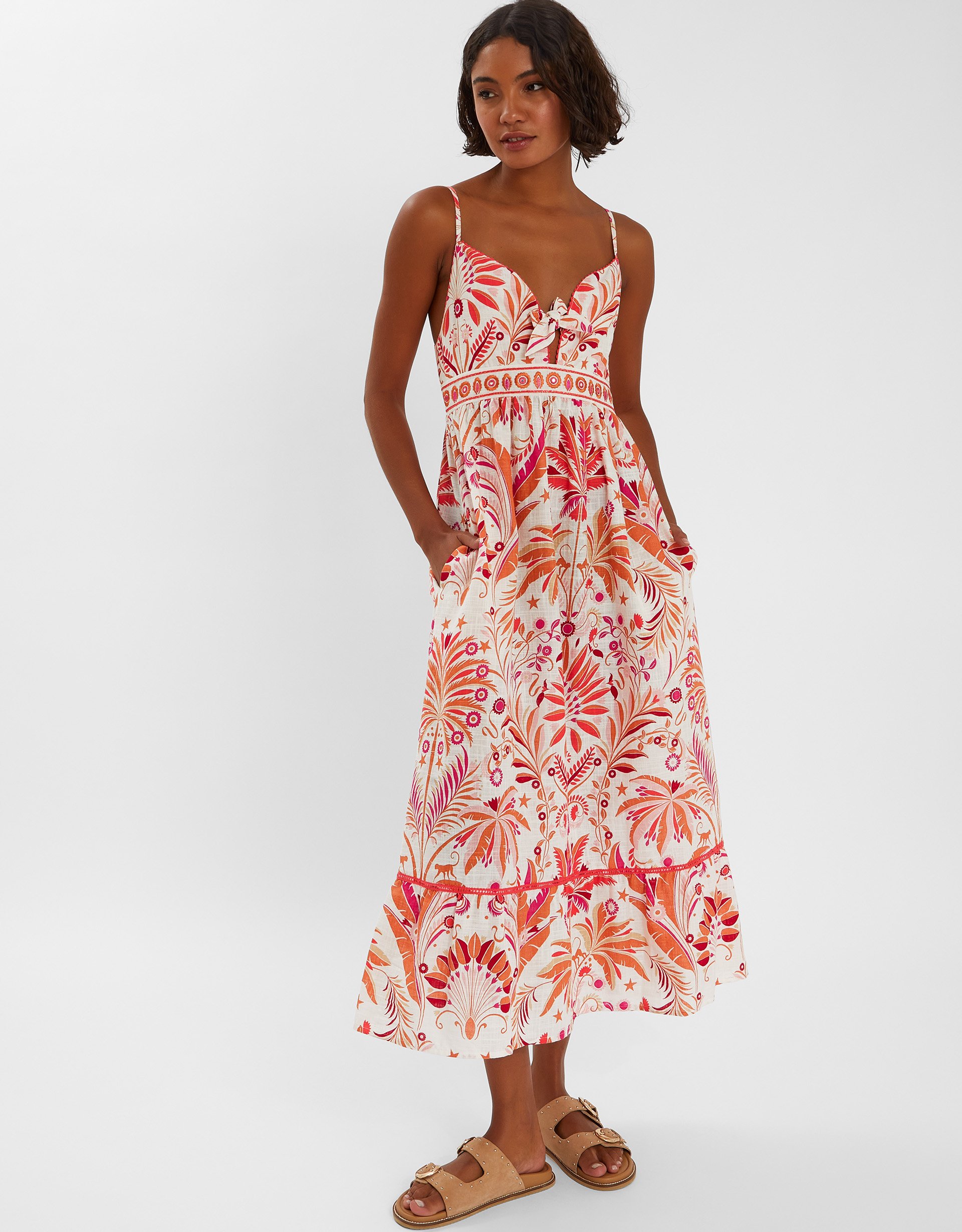 Palm Print Tie-front Midi Sundress Ivory, Size: S - Accessorize