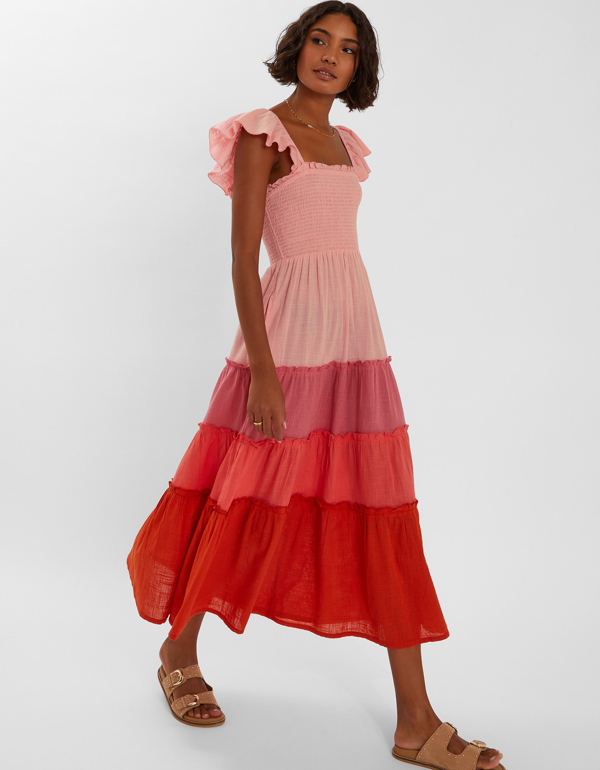 Pink & Red Cotton Colourblock Tiered Maxi Dress, Size: L, Women's - Accessorize