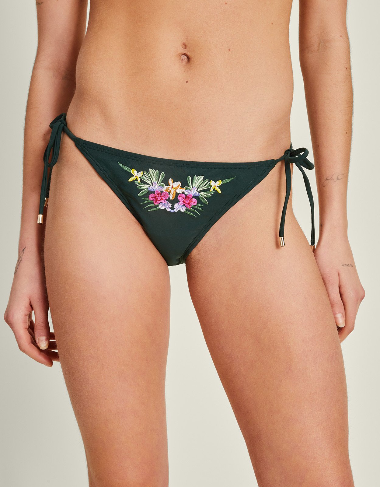 Embroidered Flower Tie Bikini Bottoms Green, Size: 18, Women's - Accessorize
