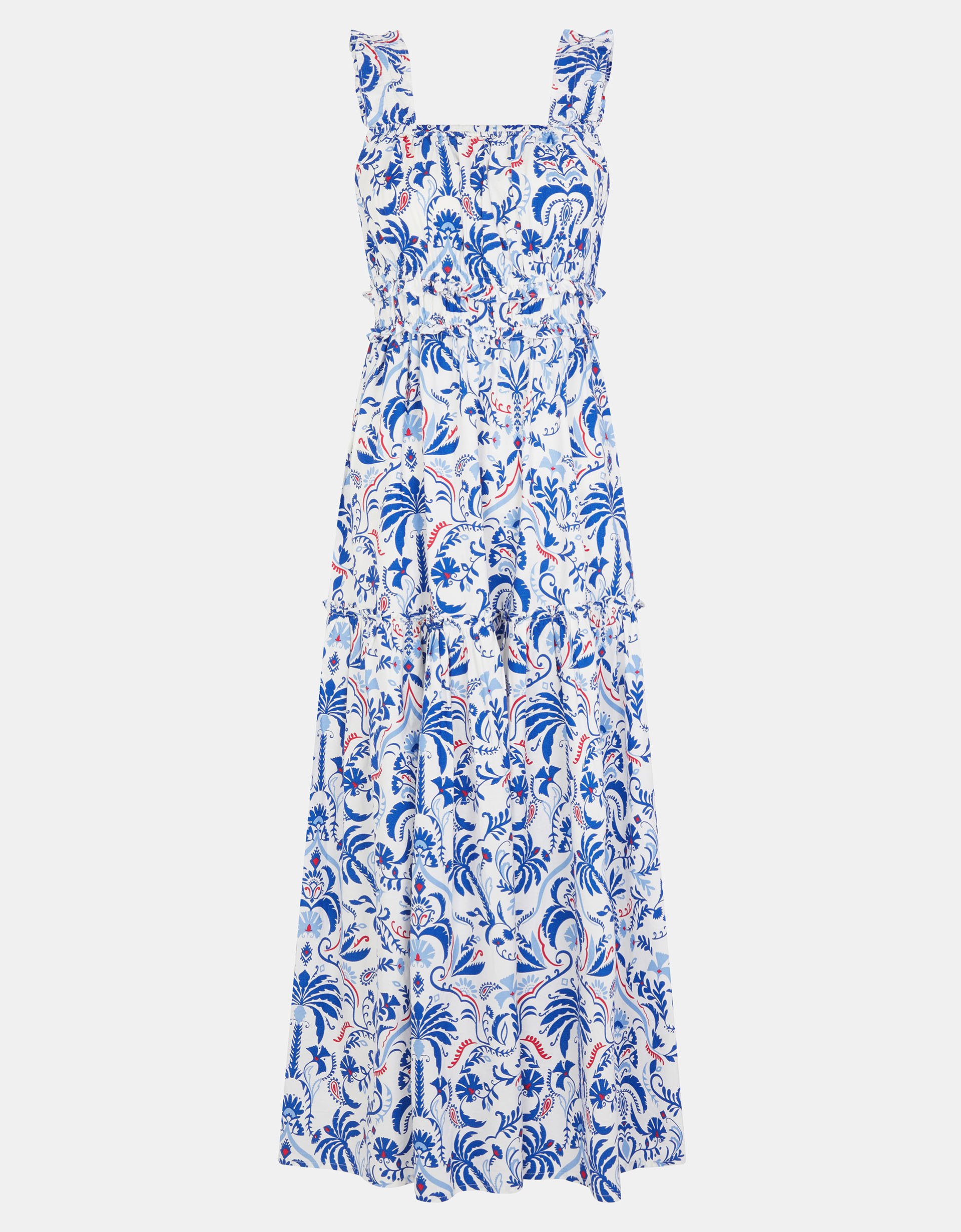 Blue/white Palm Print Tiered Maxi Dress Blue, Size: L, Women's - Accessorize