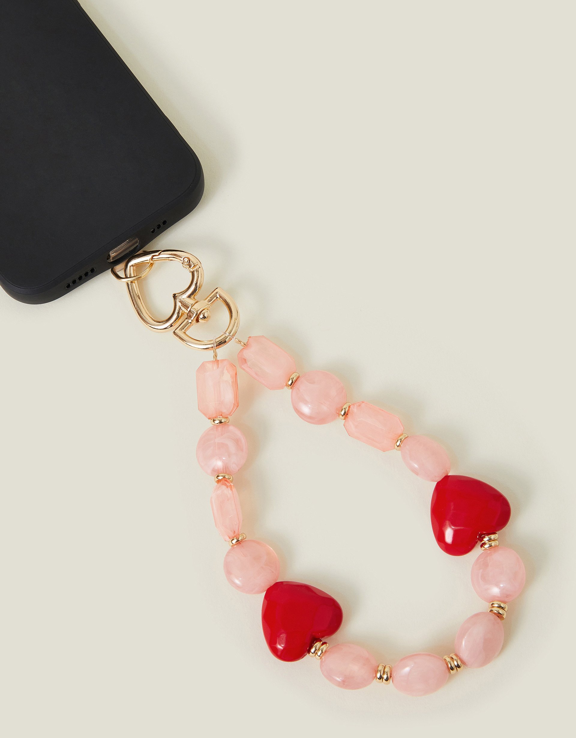 Pink & Red Resin Beaded Heart Phone Wrist Strap, Size: 50x28x40cm, Women's - Accessorize Pink/gold