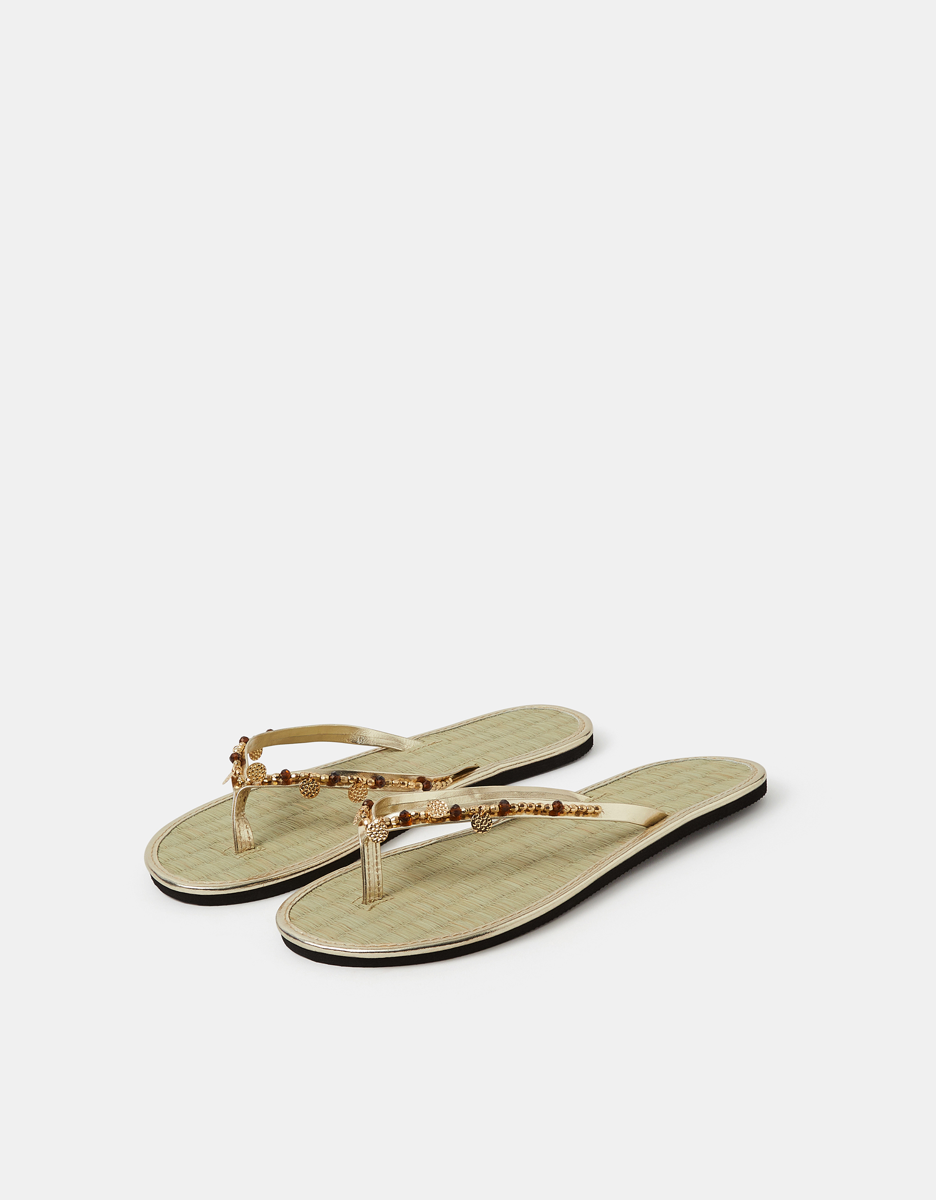 Accessorize Coin Embellished Seagrass Flip Flops, Gold, Size: S