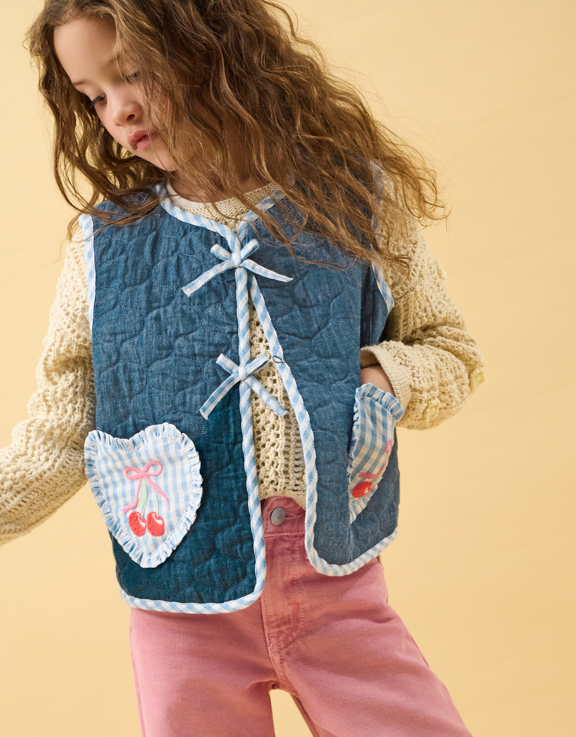 Blue & White Cherry Gingham Quilted Cotton Waistcoat, Size: 9-10 Years, Girls - Accessorize