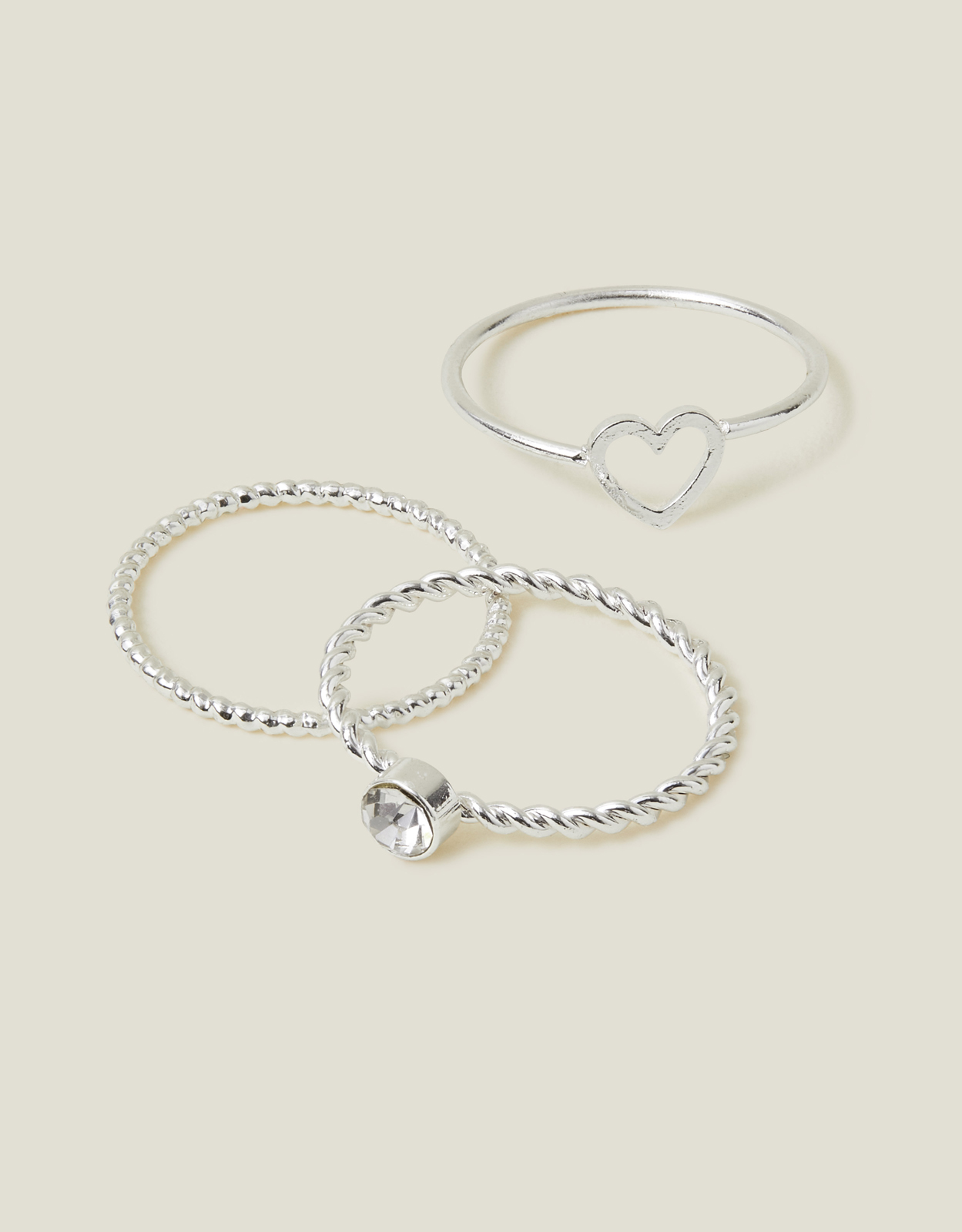 Silver 3 Pack of Heart Gem Rings, Size: M, Women's - Accessorize