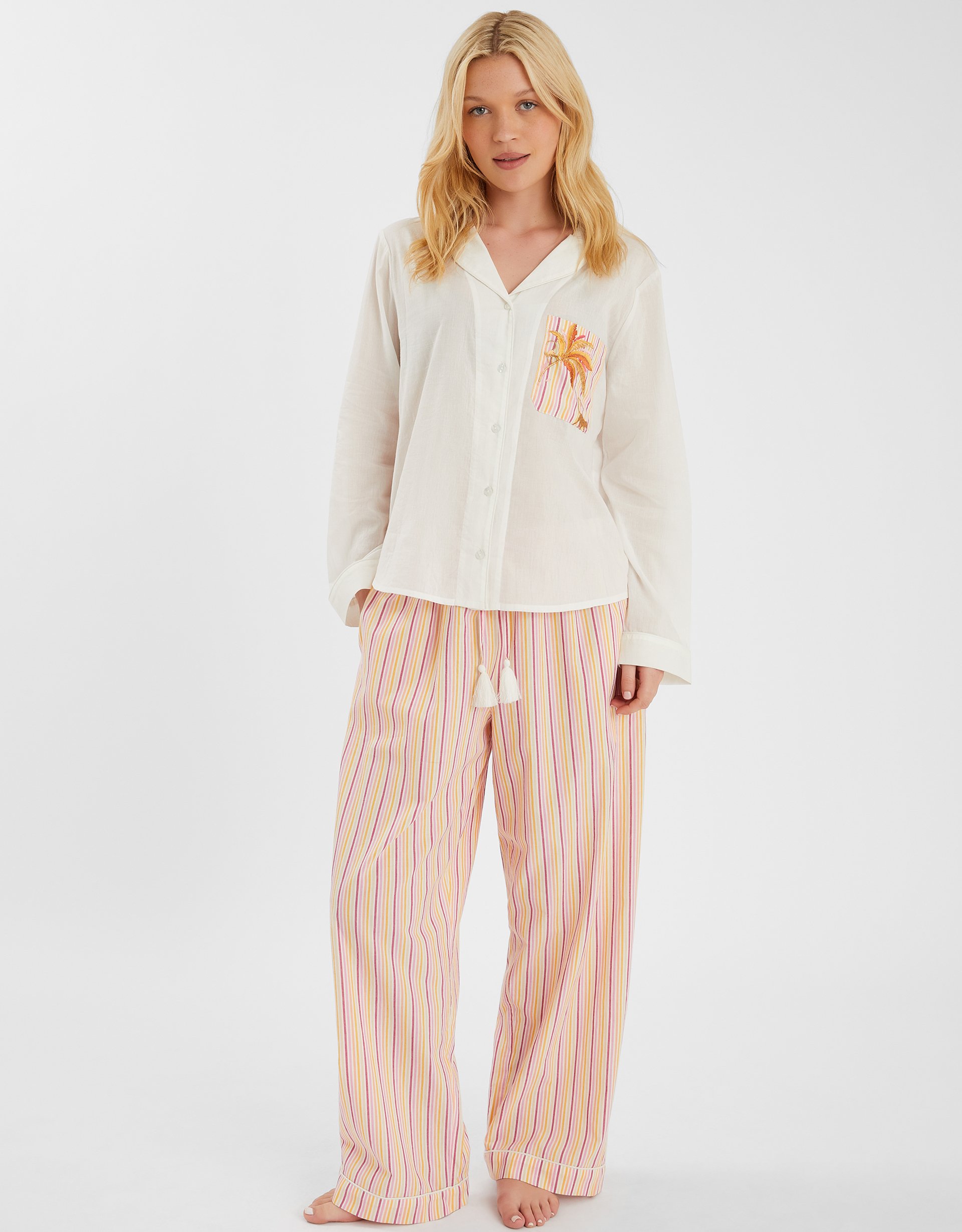 Embroidered Stripe Long Pyjamas Set Pink, Size: xs - Accessorize