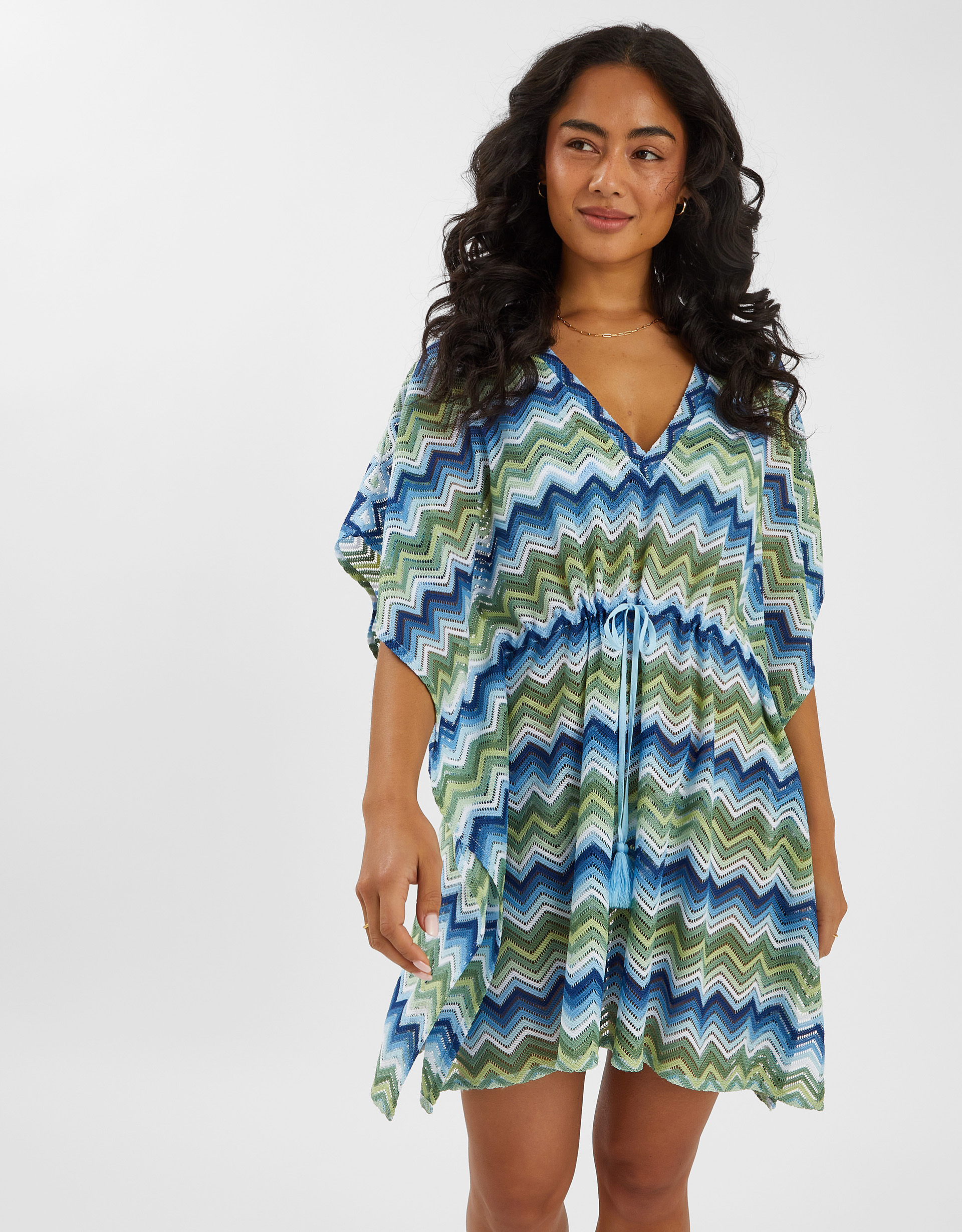 Zig Zag Crochet Mini Kaftan Blue, Size: M - Accessorize