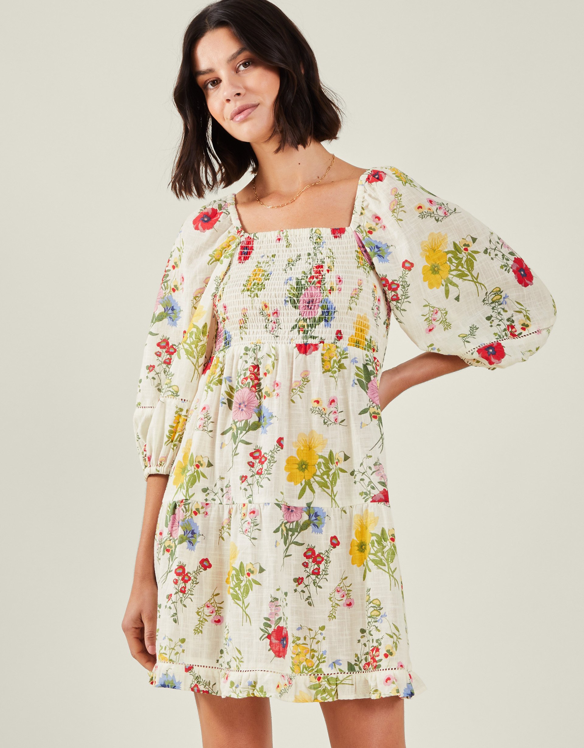 Cream, Green & Red Cotton Puff Sleeve Floral Smocked Mini Dress, Size: M, Women's - Accessorize