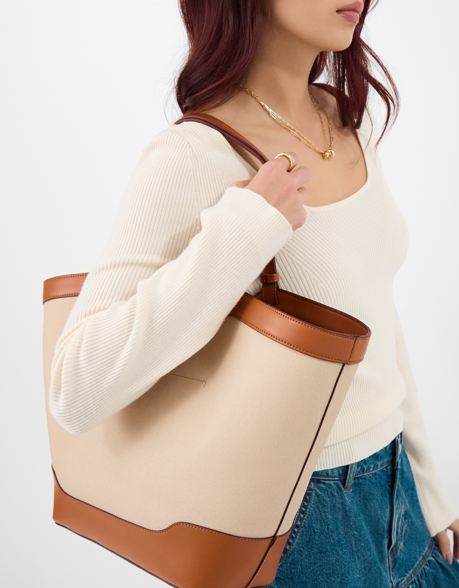 Accessorize Faux Leather Two Tone Canvas Tote Bag