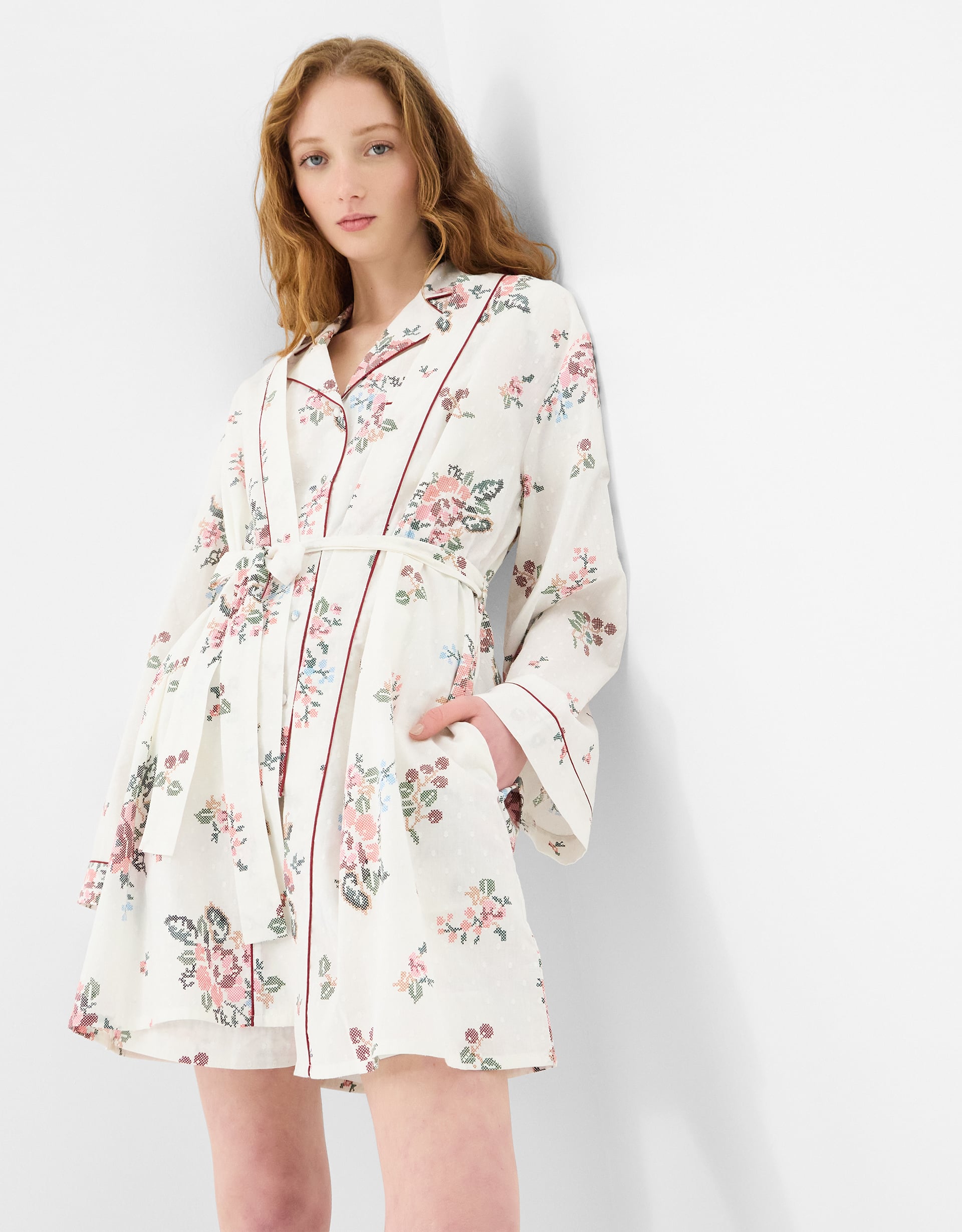Accessorize Long Sleeve Collared Neck Cotton Floral Print Short Dressing Gown Ivory, Cream & Pink, Size: