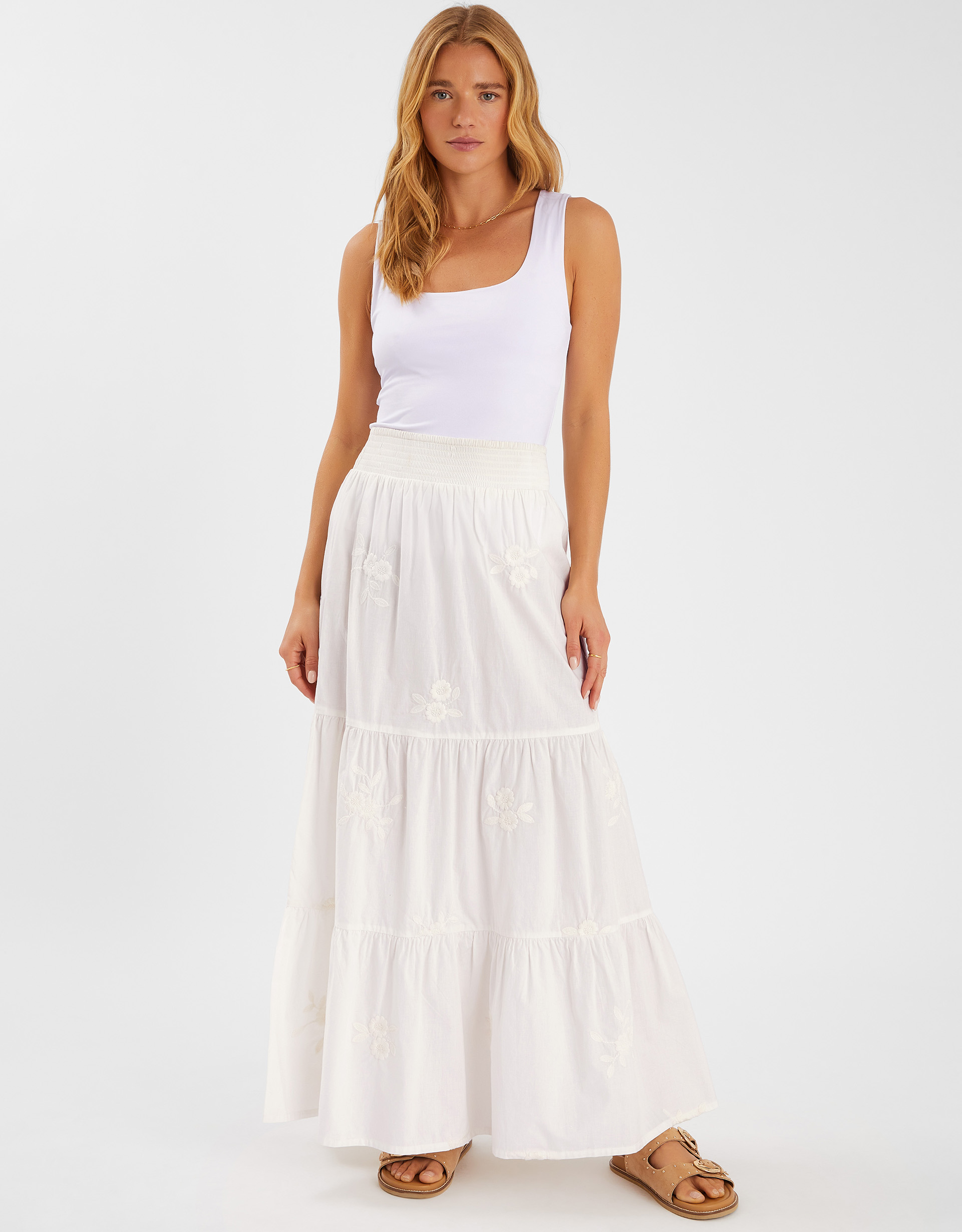 Floral Embroidered Tiered Maxi Skirt White, Size: M - Accessorize