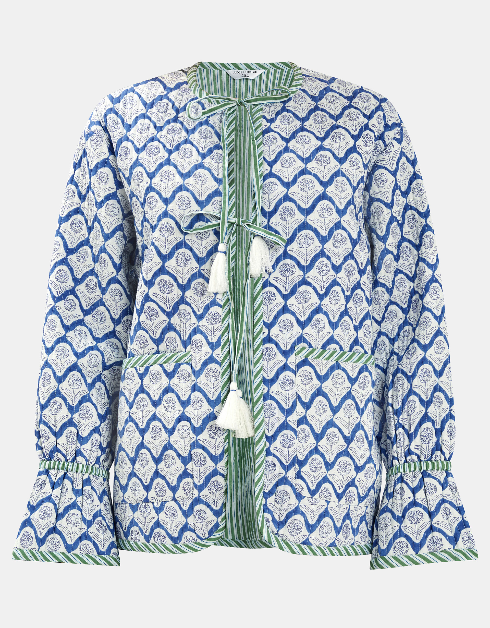 Blue Dandelion Print Tie Cotton Quilted Jacket, Size: M, Women's - Accessorize