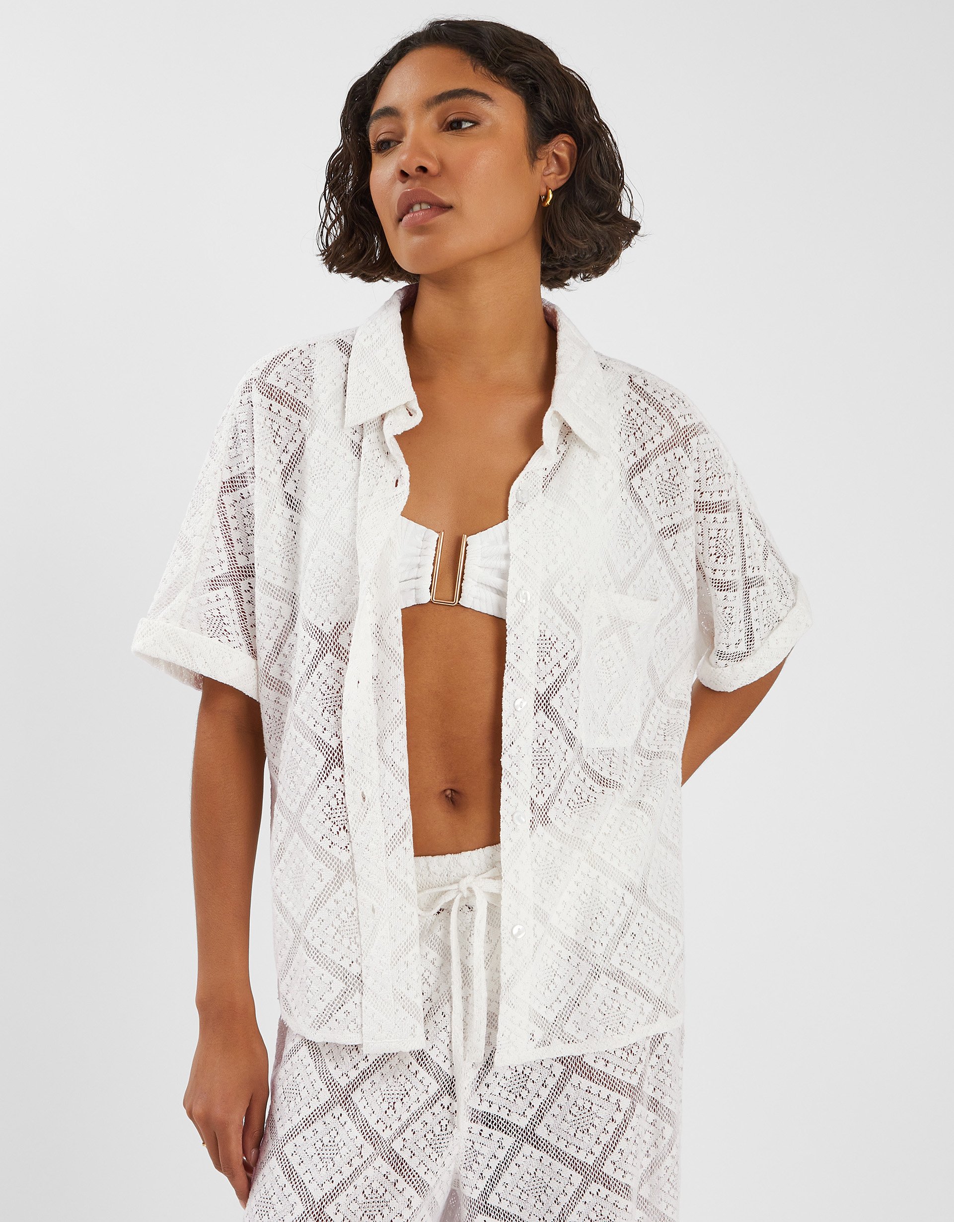 Short Sleeve Lace Shirt Ivory, Size: S - Accessorize