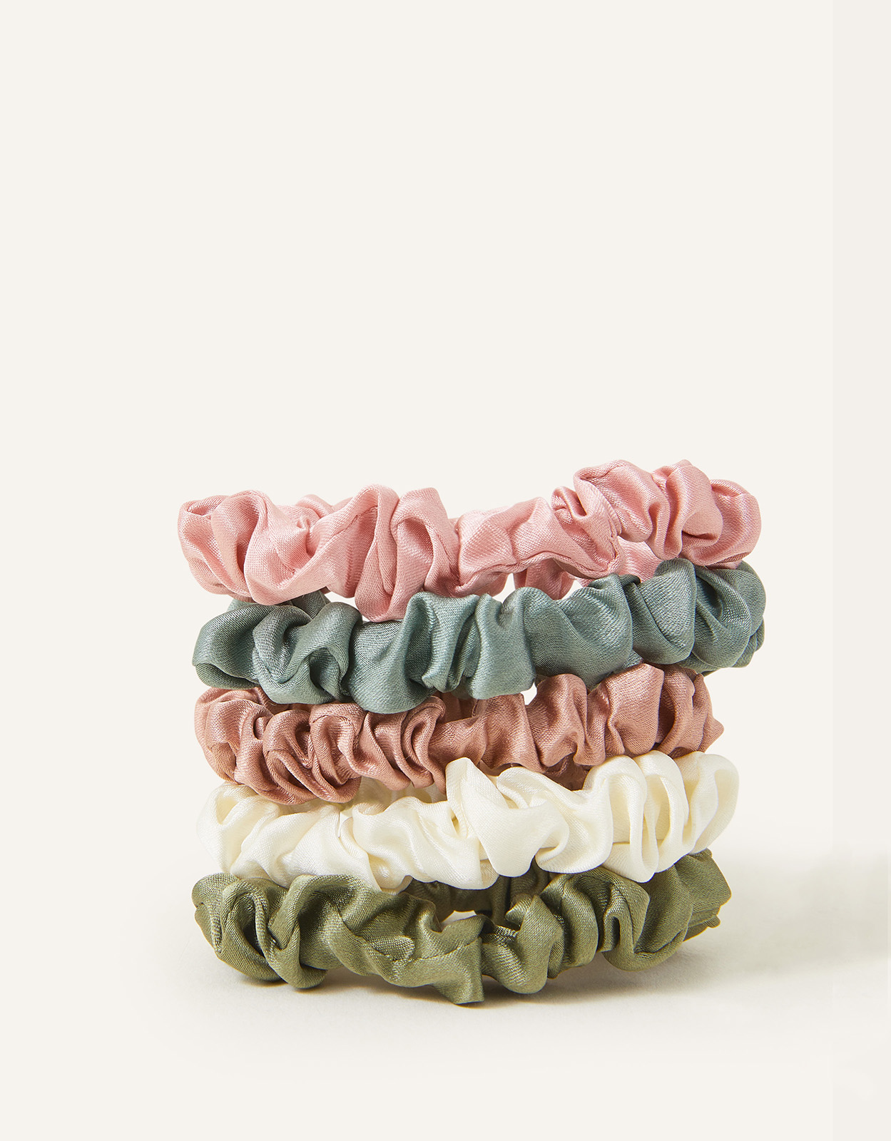 Accessorize Women's Green, Pink and Cream Luxurious Silk Pack of 5 Scrunchies, Size: 40cm