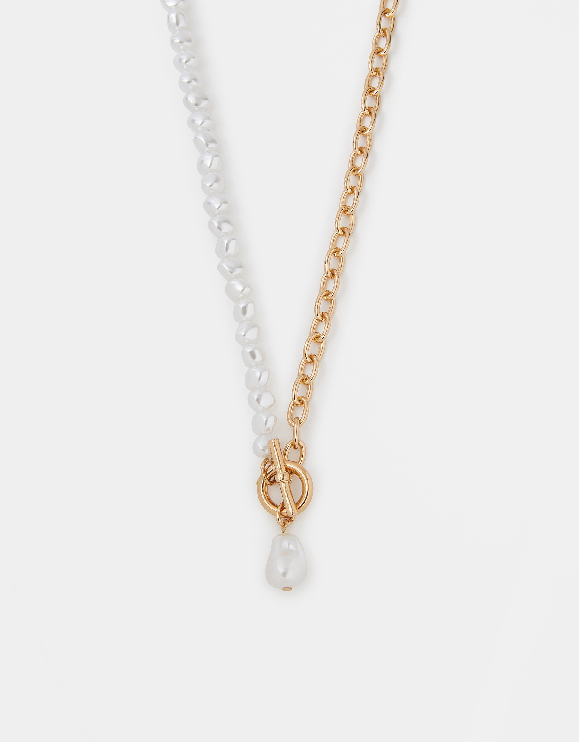 Gold Mixed Pearl Chain T-bar Necklace - Accessorize