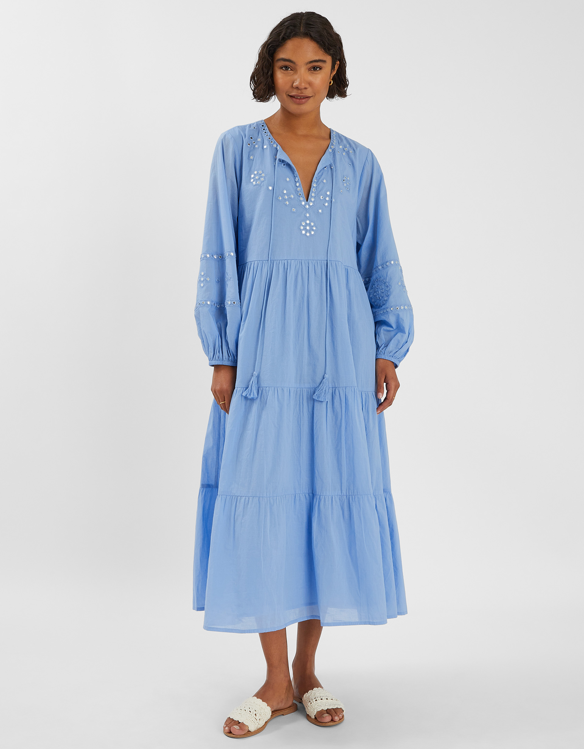 Mirror Embellished Long Sleeve Midi Dress Blue, Size: M - Accessorize