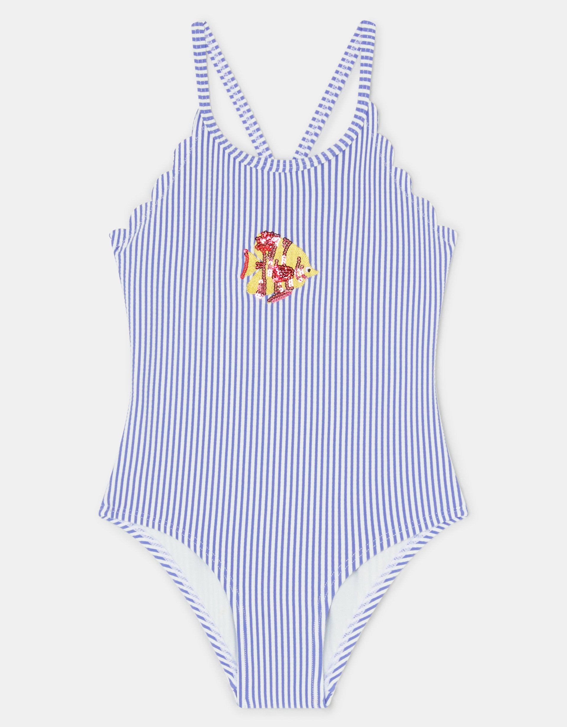 Accessorize Lace Embroidered Girls Fish Stripe Swimsuit, Blue, Size: 7-8 Years