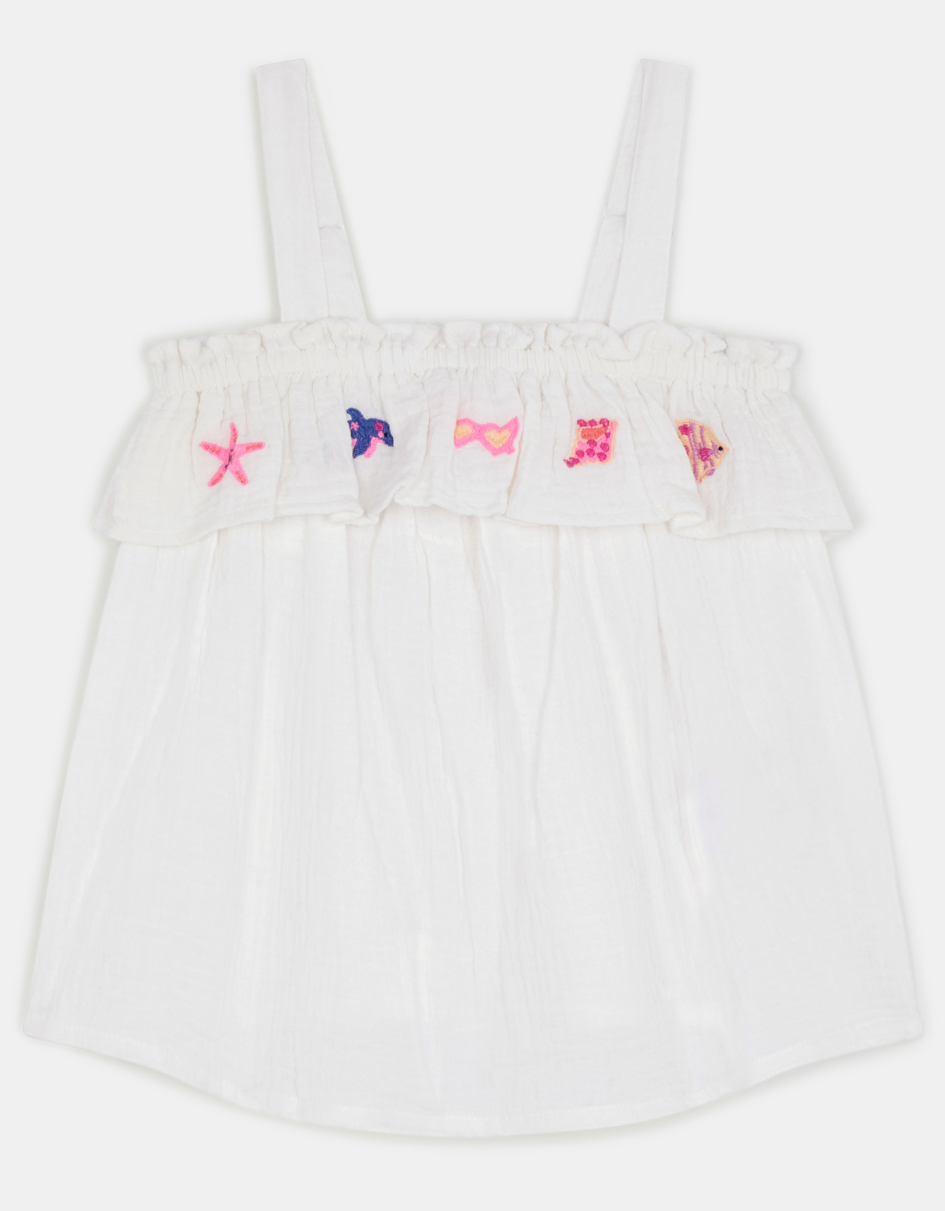 White & Pink Sea Life Embroidered Cotton Cami Top, Size: 5-6 Years, Girls - Accessorize