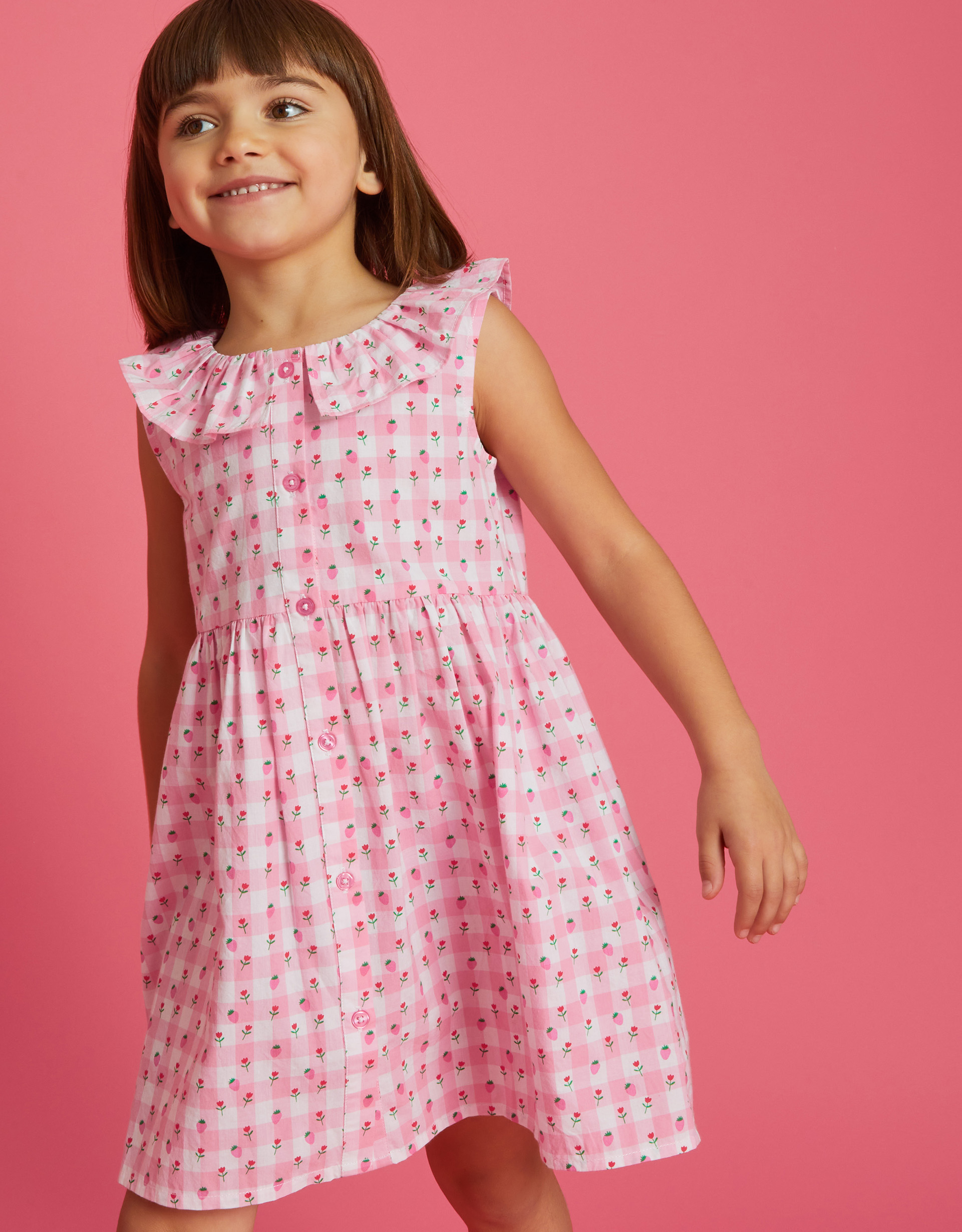 Pink Cotton Sleeveless Gingham Strawberry Dress, Size: 9-10 Years, Girl's - Accessorize Kids