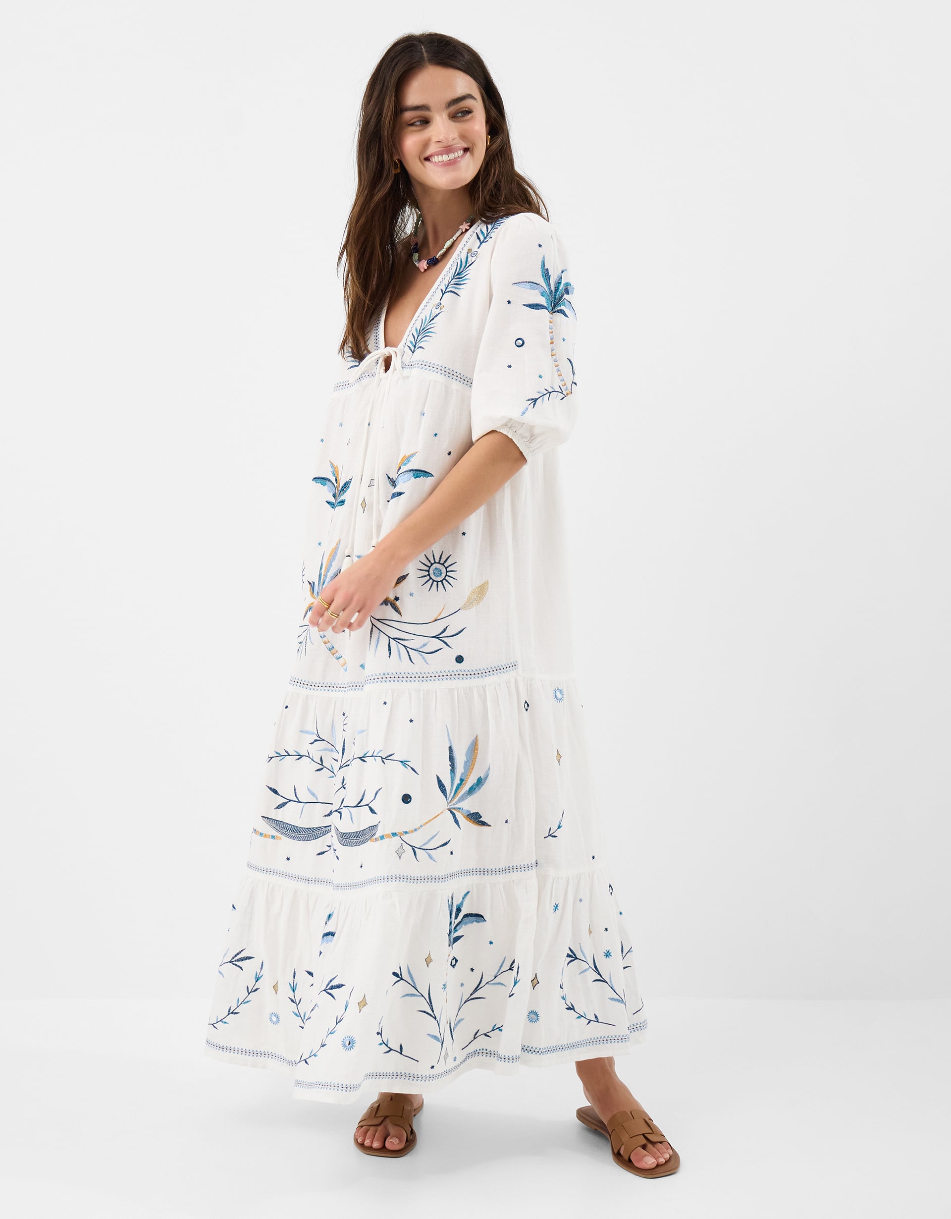 Accessorize Cotton Celestial Embroidered Maxi Dress Cream, Size M - Summer Occasion Dress