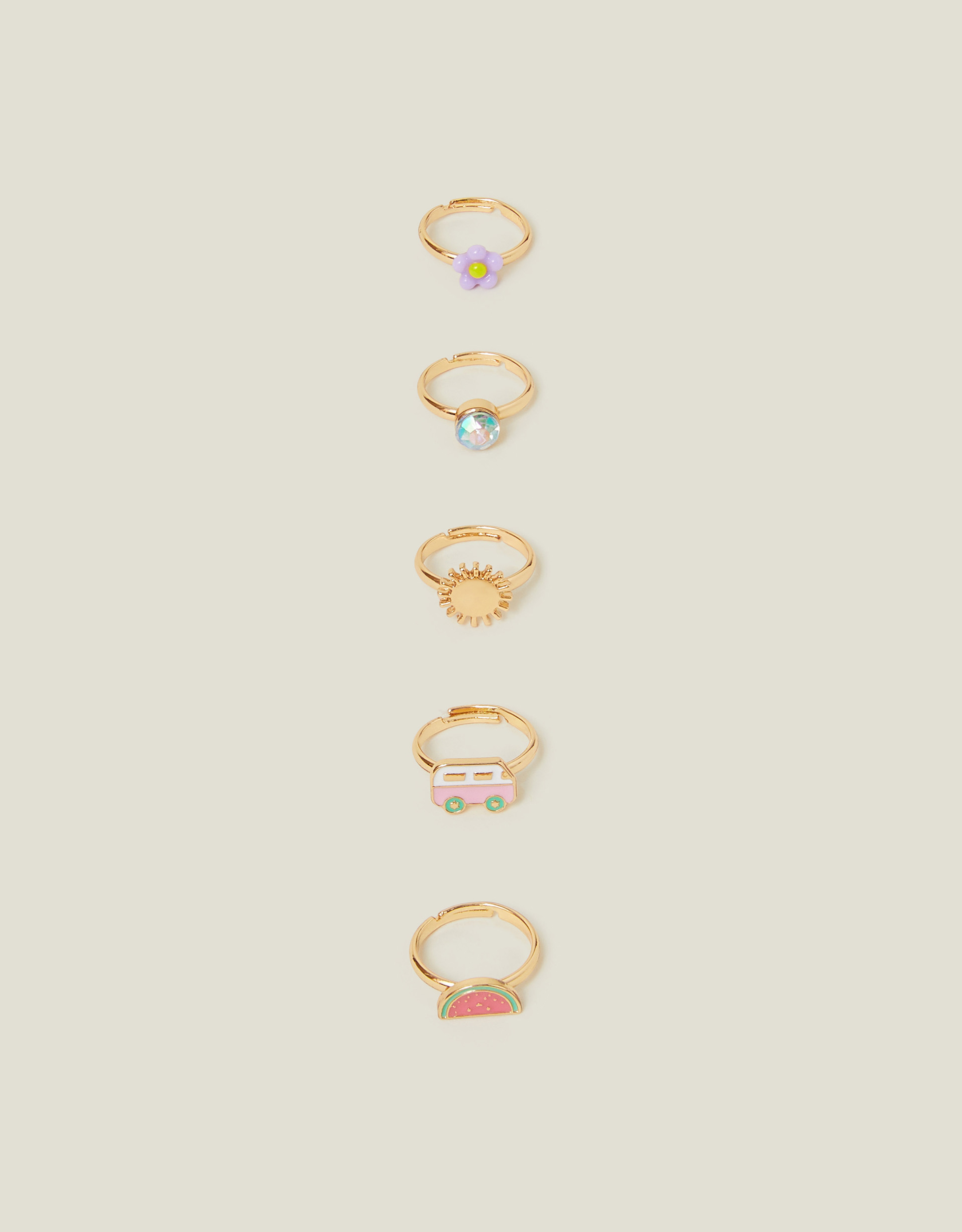 Gold and Pink Metal 5-Pack Fruit Rings, Size: 1.5cm, Girls - Accessorize Kids