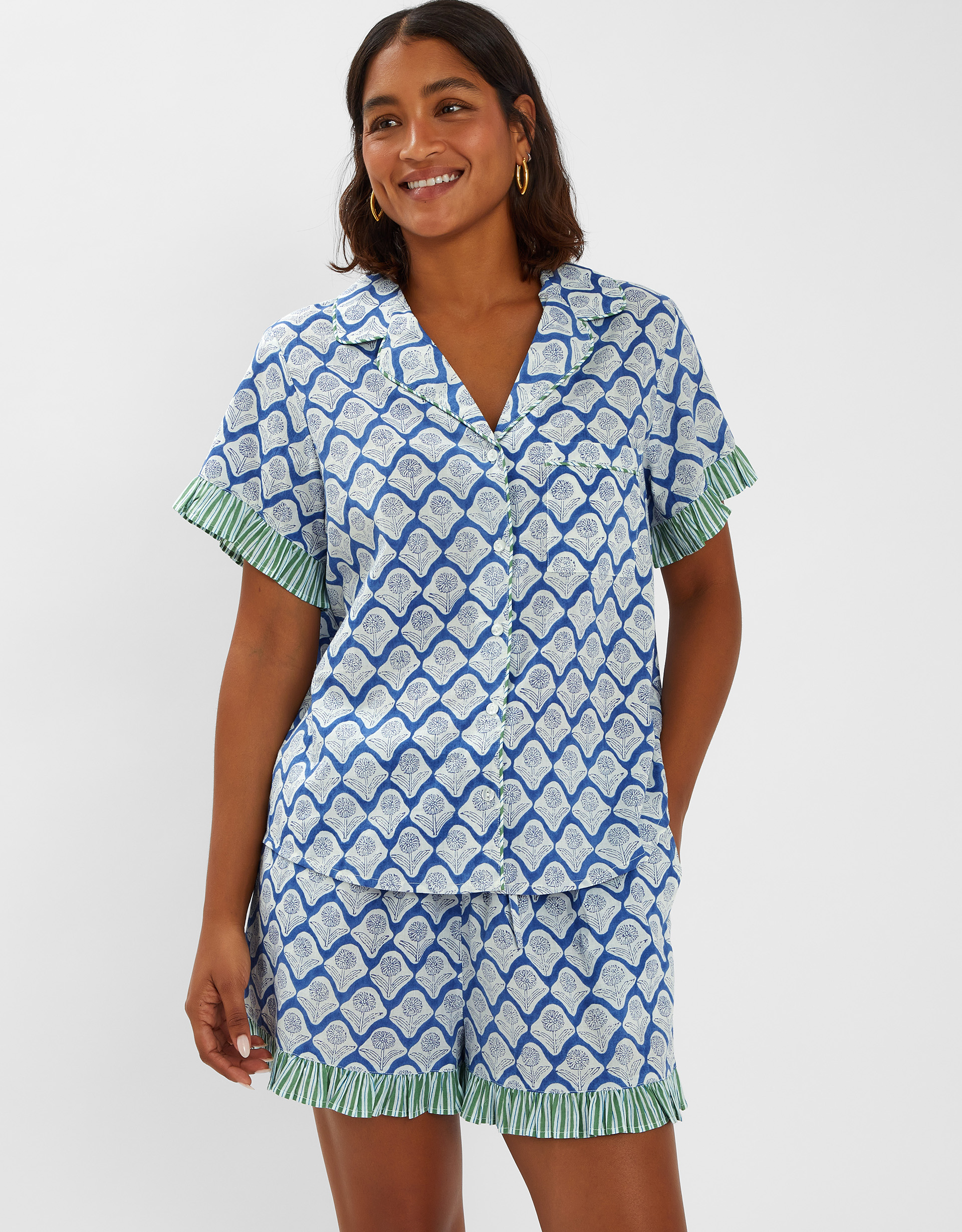 Blue & White Cotton Dandelion Print Pyjama Set, Size: L, Women's - Accessorize